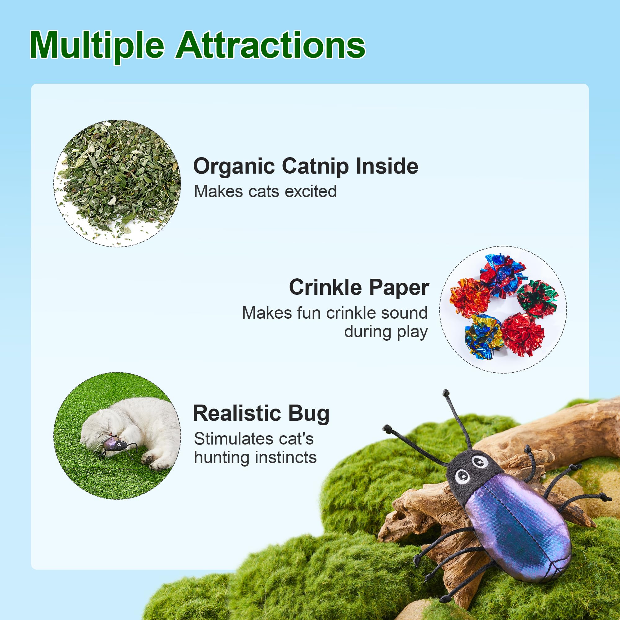 Potaroma Realistic Bug Catnip Cat Toys Crinkly Sound, Durable Kitten Bite Interactive Kicker Toys For Indoor Exercise 3.5 Inches