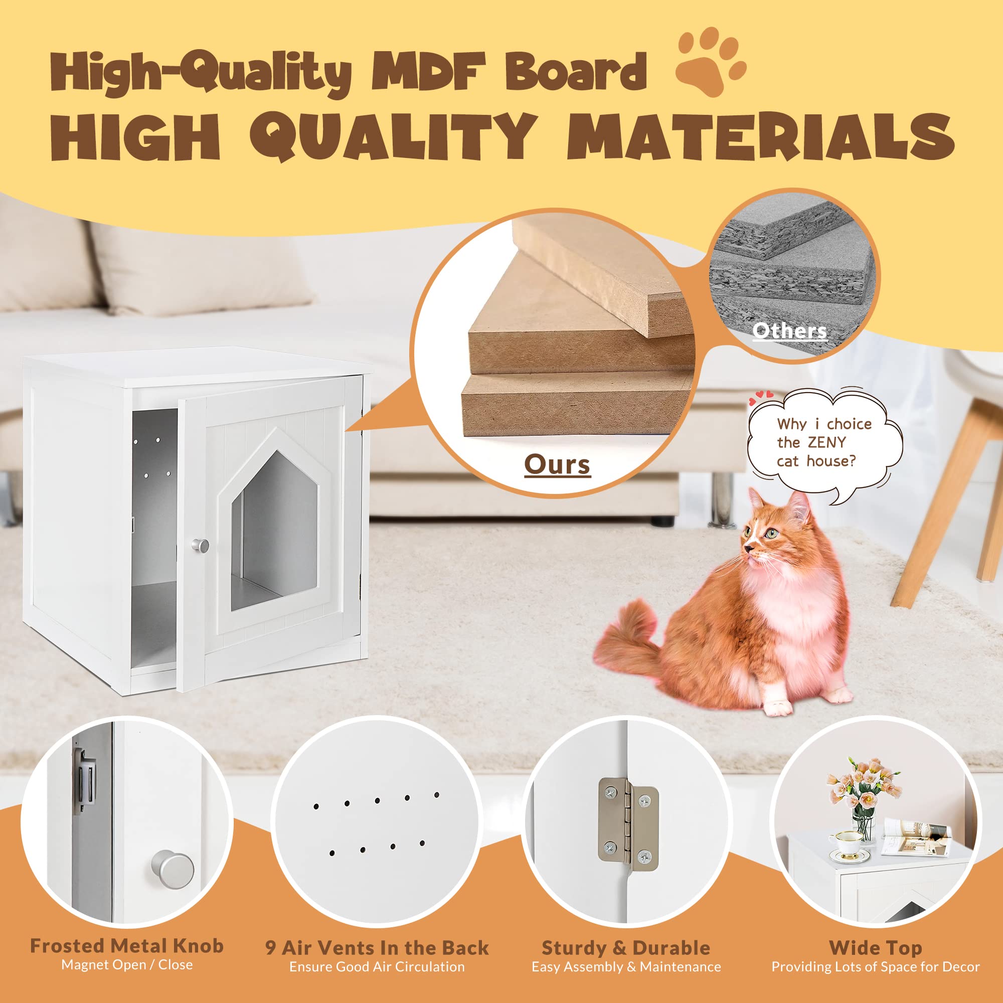 Zeny Cat House & Side Table, Pet Cat Litter Box Enclosure With Vent Holes, Wooden Enclosed Cat Washroom, White