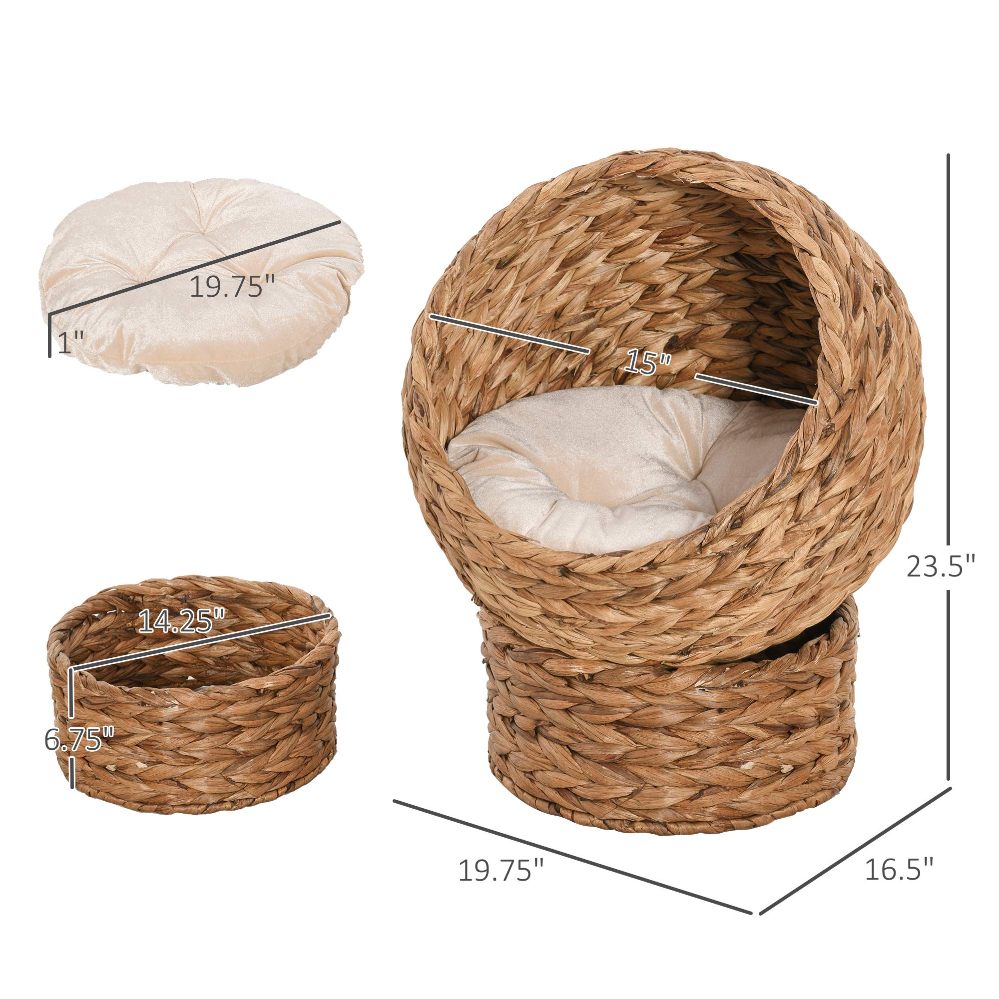 Pawhut Handwoven Elevated Cat Bed With Soft Cushion & Cat Egg Chair Shape, Cat Basket Bed Kitty House With Stand, Raised Wicker Cat Bed For Indoor Cats, 23.5' H, Brown
