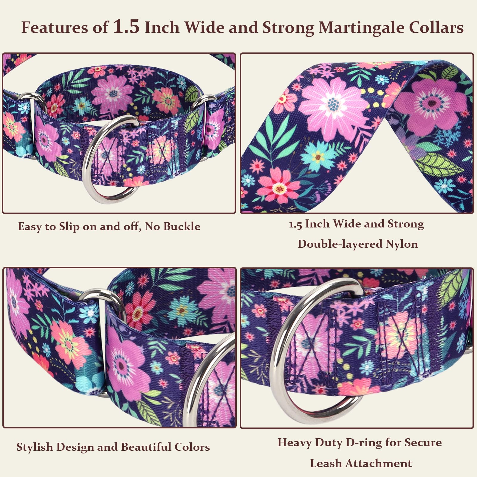Martingale Dog Collar 1.5 Inch Wide - Bohemian Floral Print Adjustable Nylon No-Pull Training Collar For Medium/Large/Xl Dogs, H