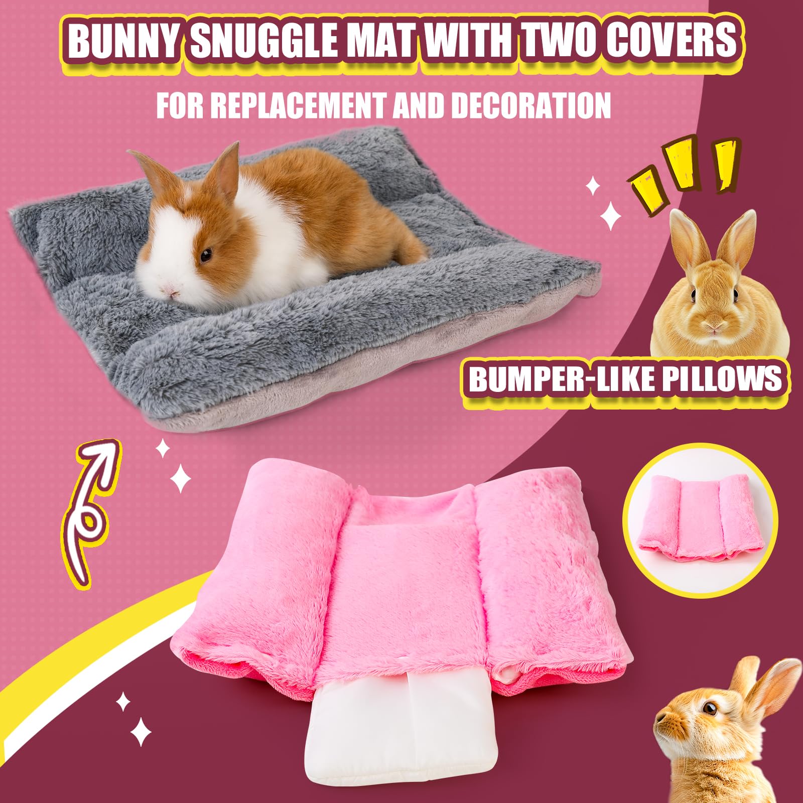 Oneju Snuggle Bunny Bed, 17.1'' X 14.9'' Rabbit Bed With Pillows, Reversible Small Pet Mat With Two Replaceable Covers, Bunny Be