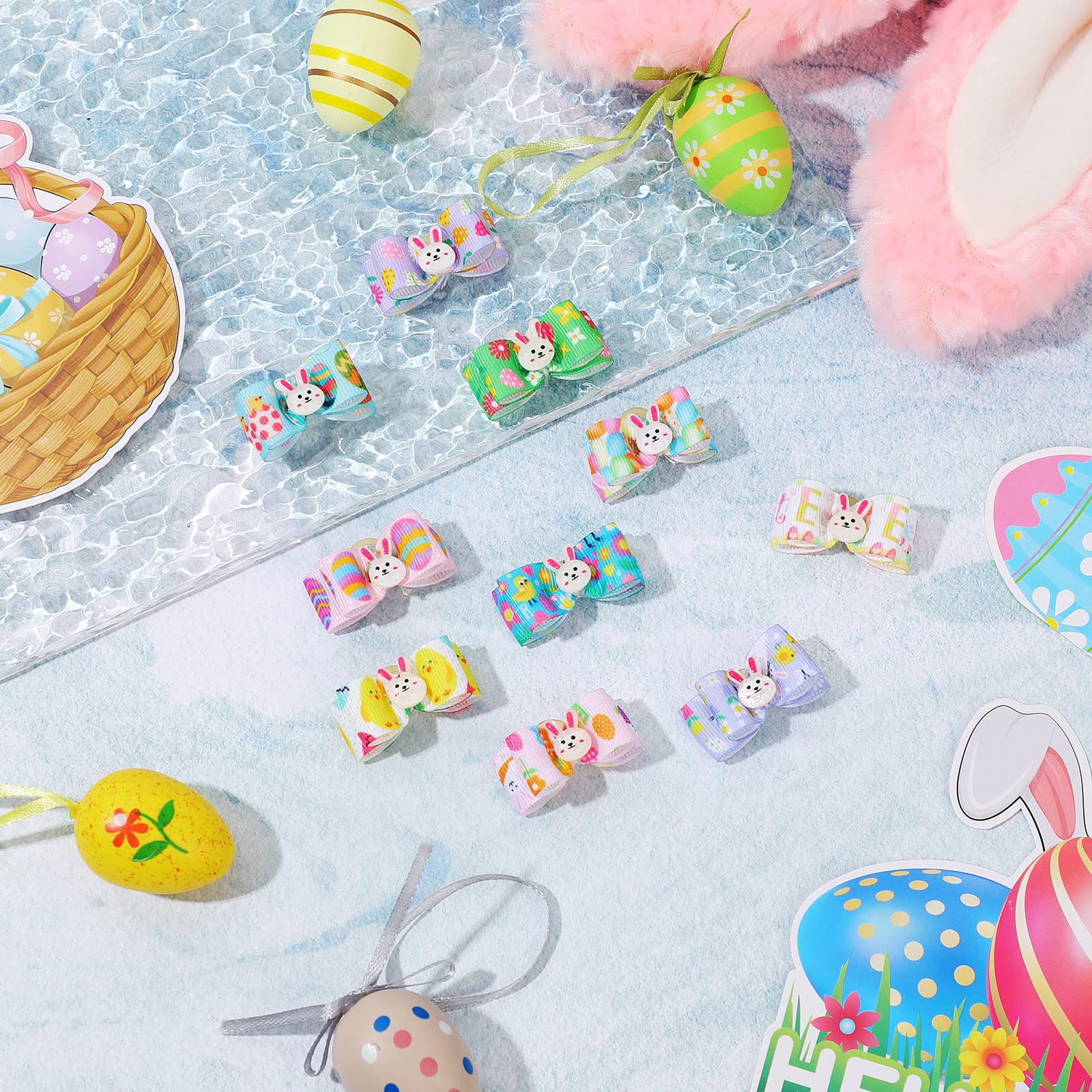 Waydress 40 Pieces Easter Dog Bows Rabbit Bunny Egg Hair Bowknot Pet Easter Bows With Rubber Bands Puppy Easter Rhinestone Bows
