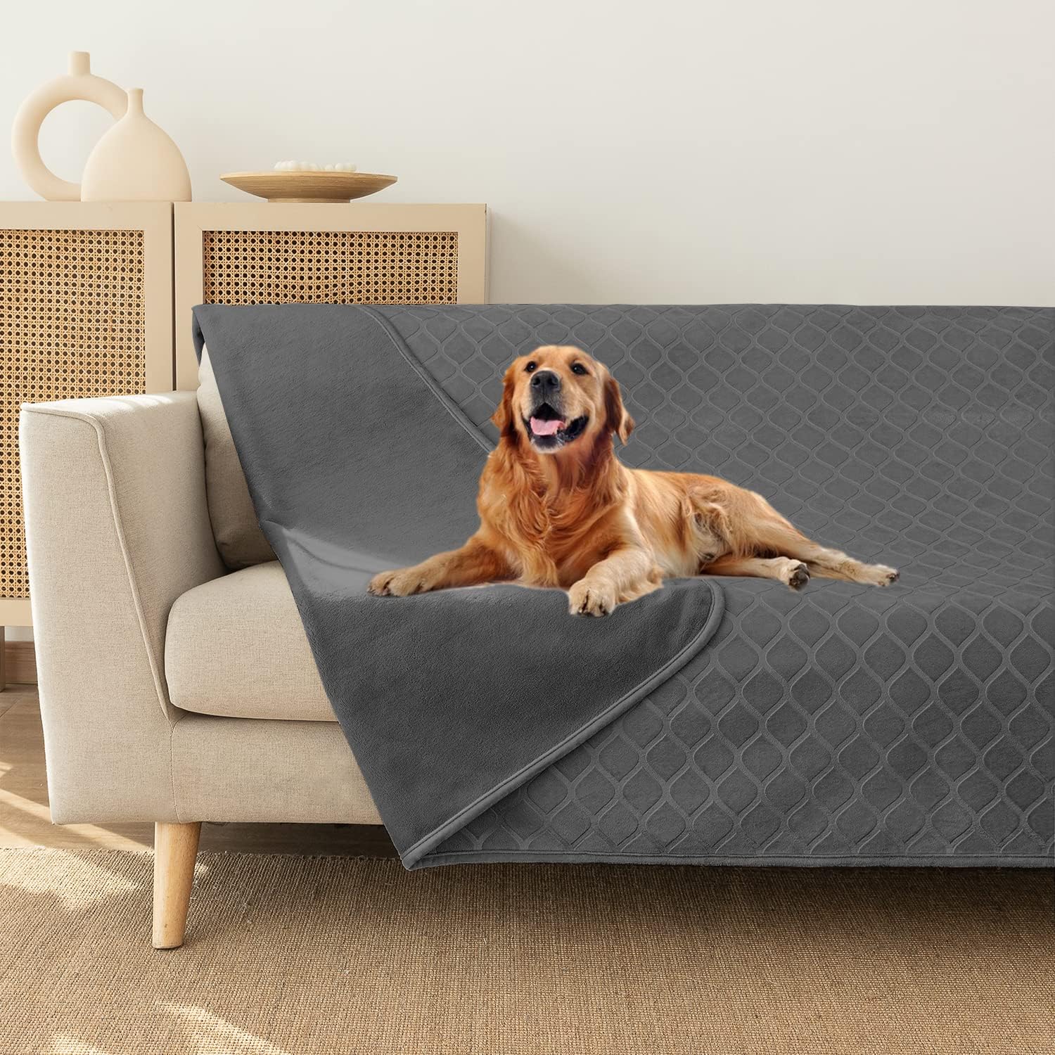 Fuguitex Waterproof Dog Blanket Bed Cover Dog Crystal Velvet Moroccan Fuzzy Cozy Plush Pet Blanket Throw Blanket For Couch Sofa(82 * 82 Inch, Dark Grey+Grey)