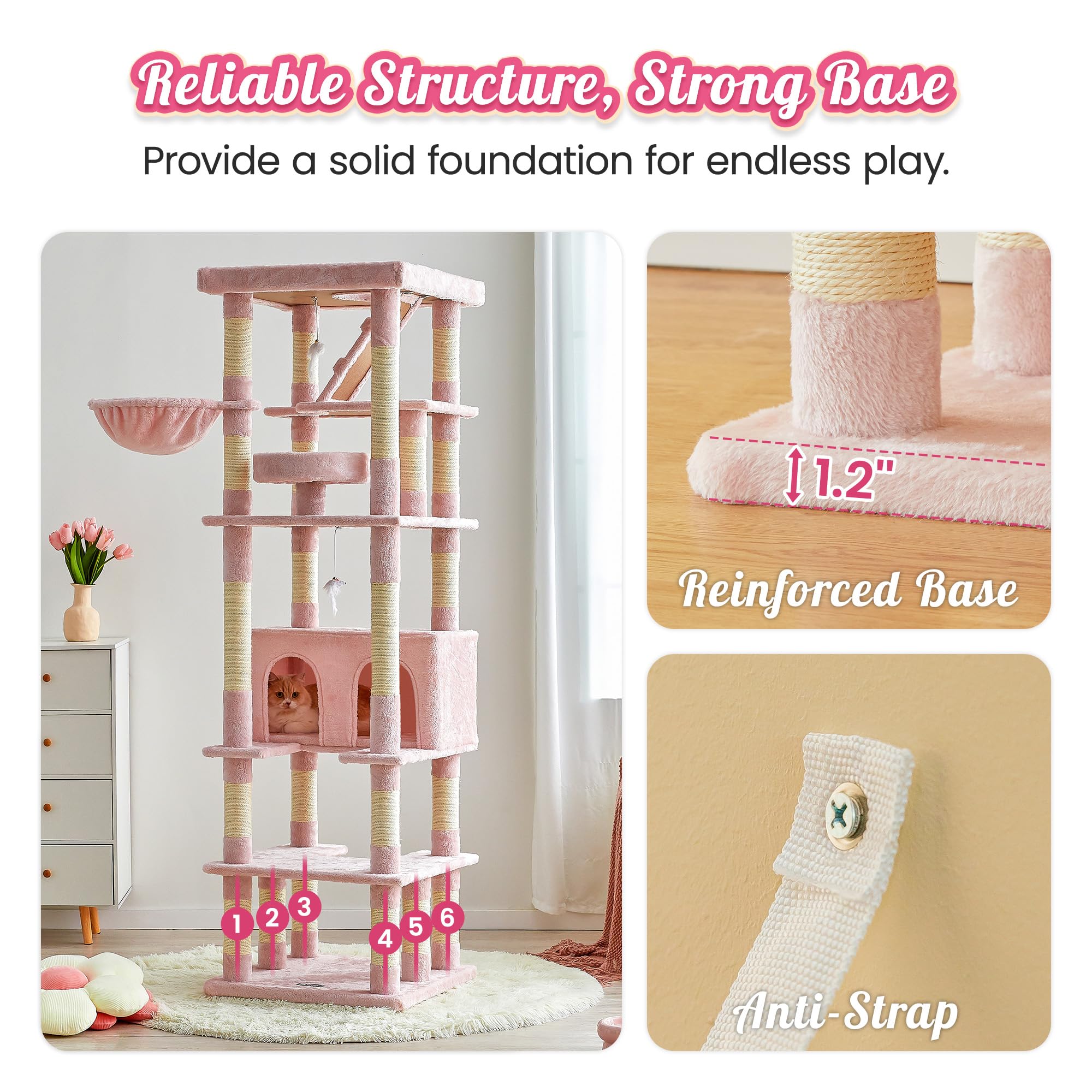 Mwpo 74.8 Inches Pink Extra Large Cat Tree, Tall Cat Tower For Indoor Cats With Large Cat Condo, Wide Top Perch, Hammock, Sisal-