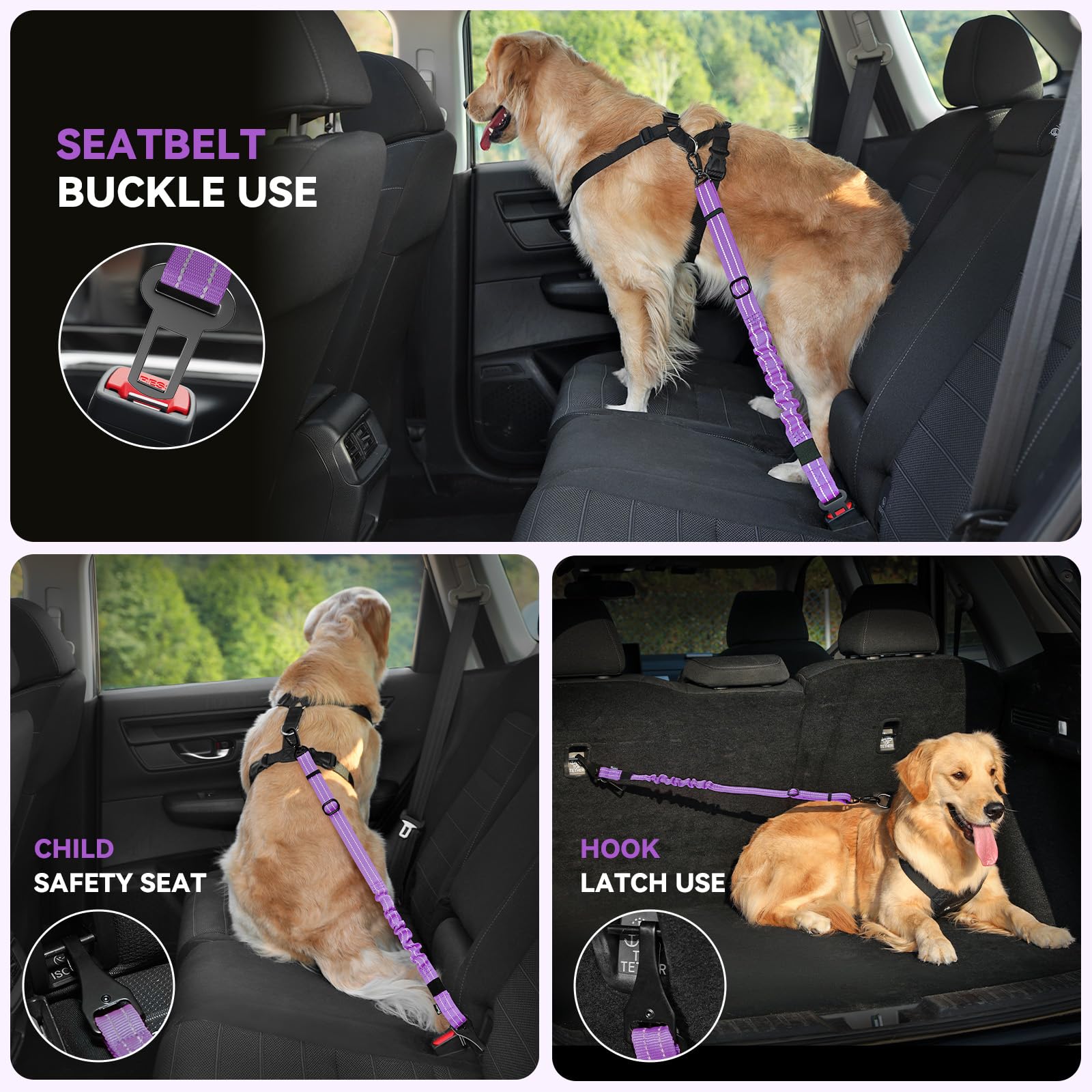 Pawaboo 2Pack Dog Seatbelt For Car, Dog Car Seat Belt Bungee, Shockproof Dog Tether For Car With Buckle & Hook Latch, Adjustable