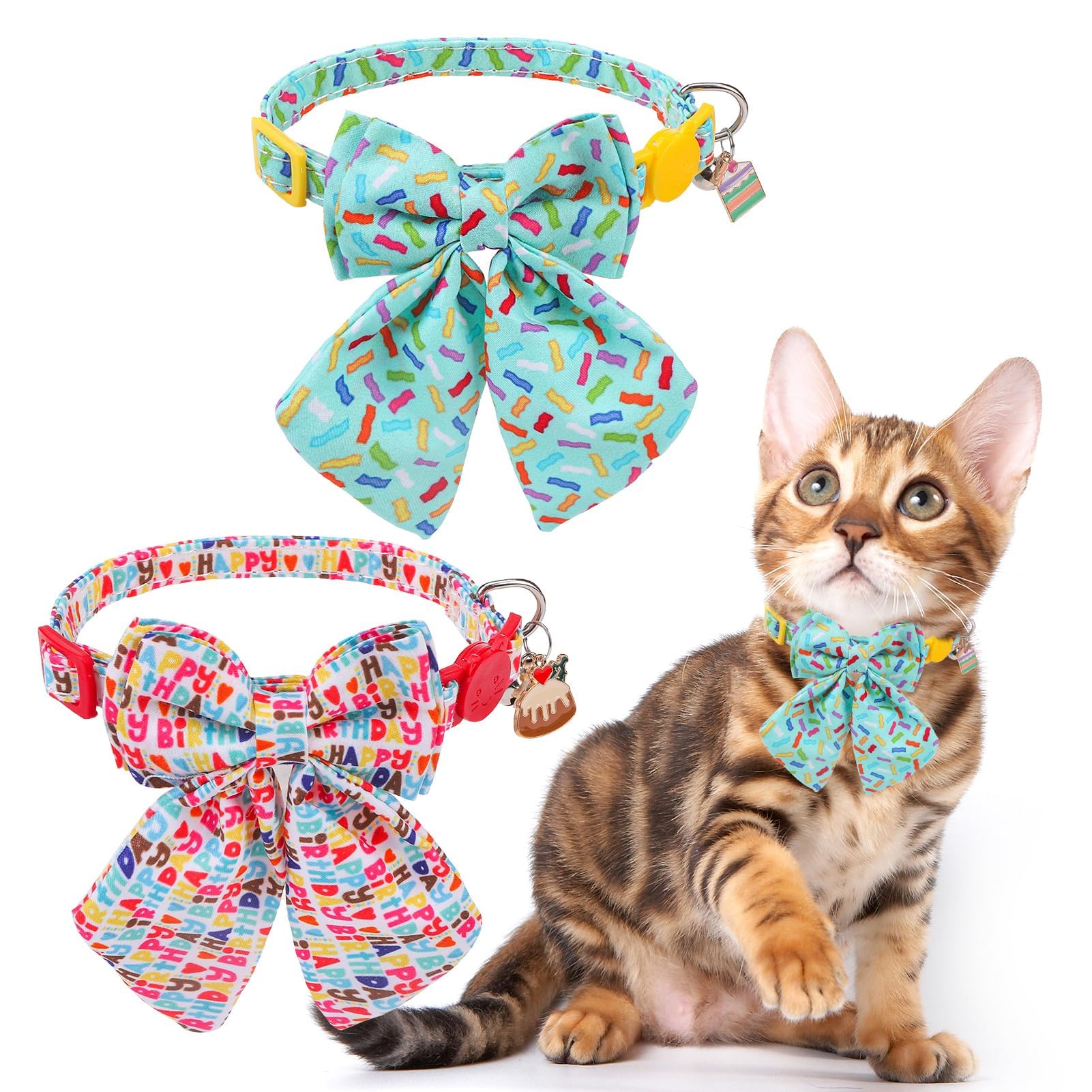 Scenereal Birthday Cat Collar With Bell & Stylish Bowtie, Breakaway Cat Collars Accessories For Boy Girl Small Cats, Holiday Kit