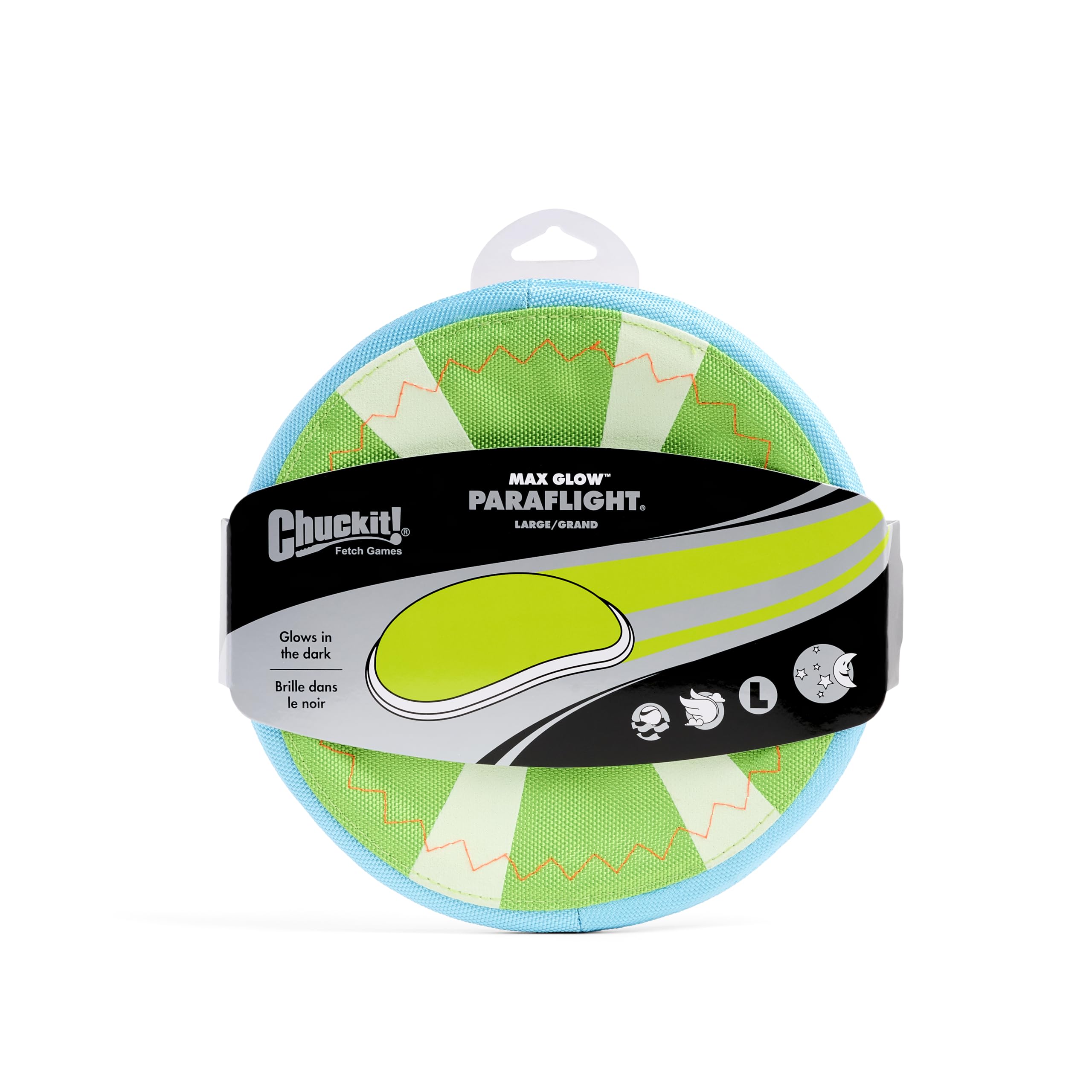 Chuckit! Max Glow Paraflight Flying Disc Dog Toy - Water Floating Flyer - Durable Nylon Construction With Soft Rubber Edges - For Medium And Large Dogs - Size Large - 9.75' L X 9.75' W - Pack Of 1