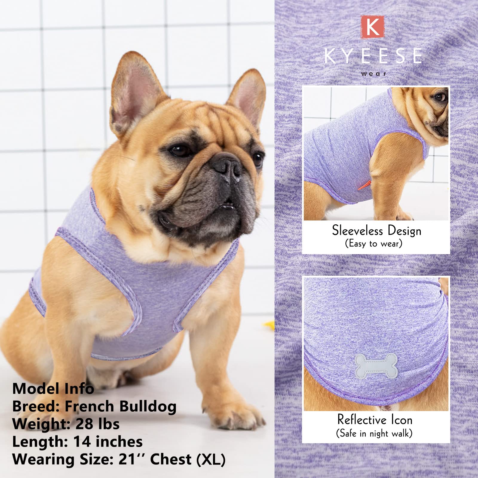 Kyeese 2 Pack Dog Shirts Quick Dry Soft Stretchy Pet T-Shirts With Reflective Label Tank Top Sleeveless Sun Protection Vest Dog
