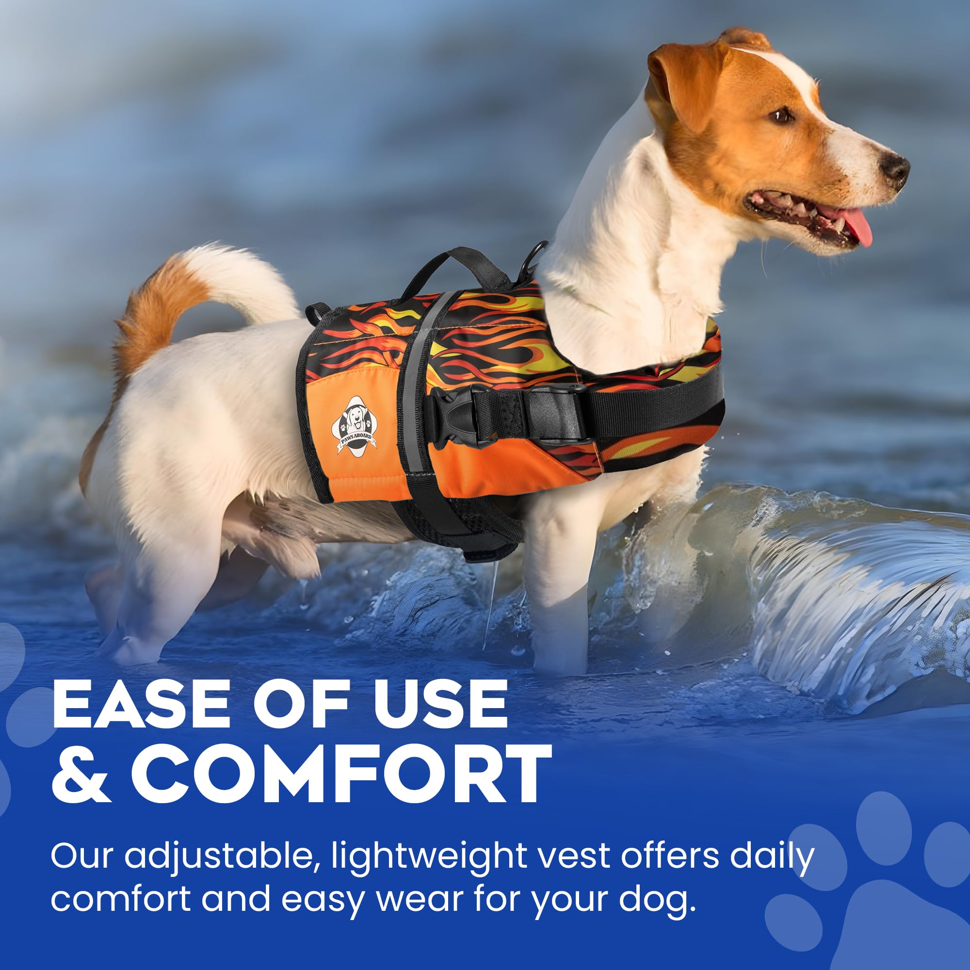 Paws Aboard Dog Life Jacket - Keep Your Canine Safe with a Nylon Life Vest for Swimming and Boating - Racing Flames - Design to Choose - XXS to XL