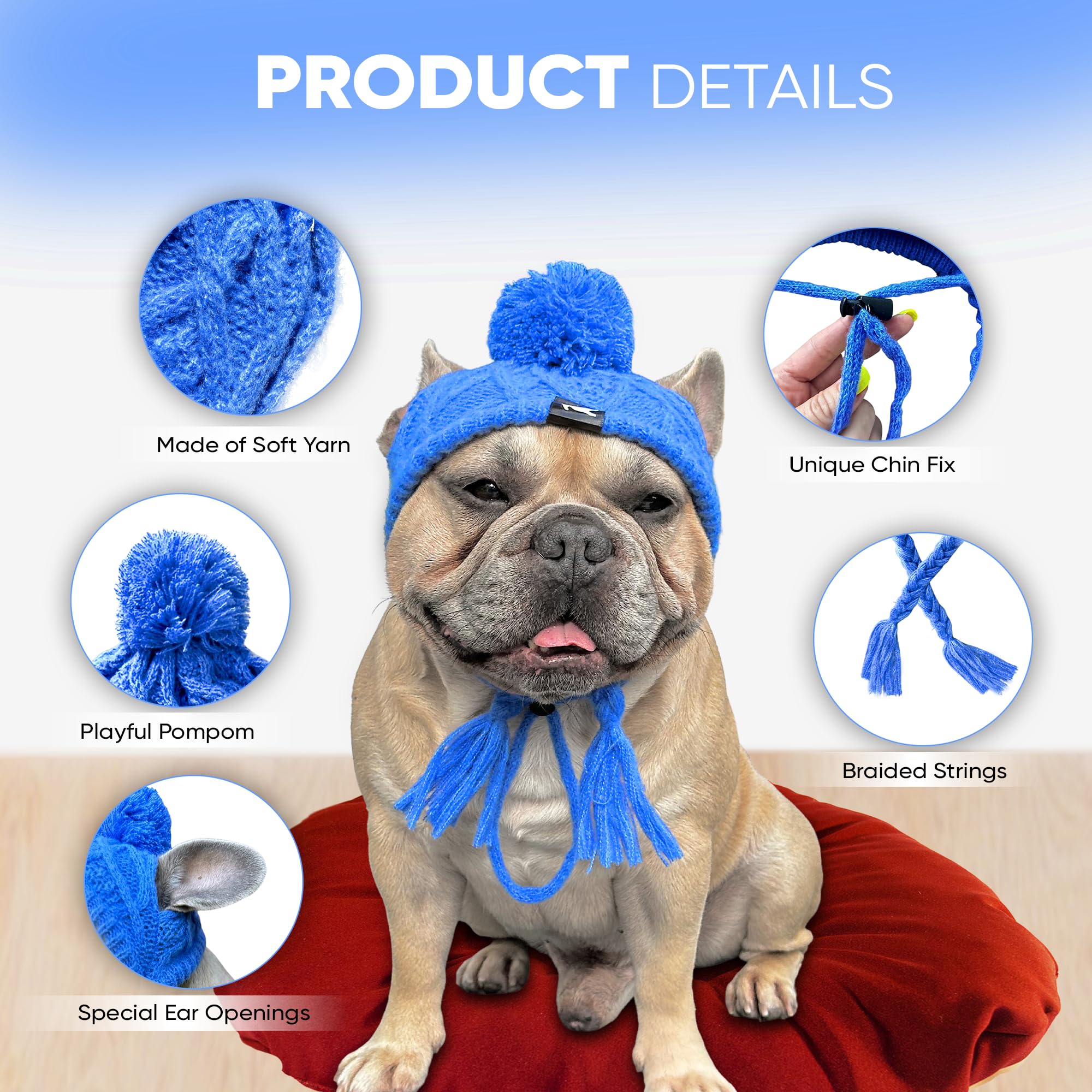 Classic Dog Knit Hat - Knitted Hat With Ear Holes & Adjustable Chin Strap - Soft Fabric Beanie For French Bulldog - Stylish Dog