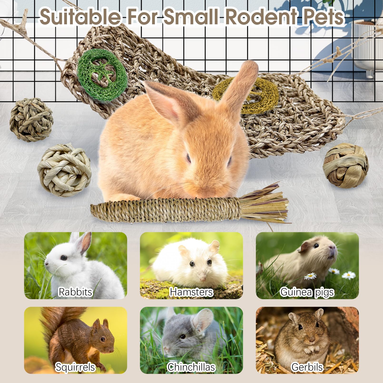 Hamiledyi Rabbit Seagrass Activity Mat Bunny Toy Hanging Rabbit Chew Toys For Teeth Rabbit Enrichment Toys Seagrass Protector Ma