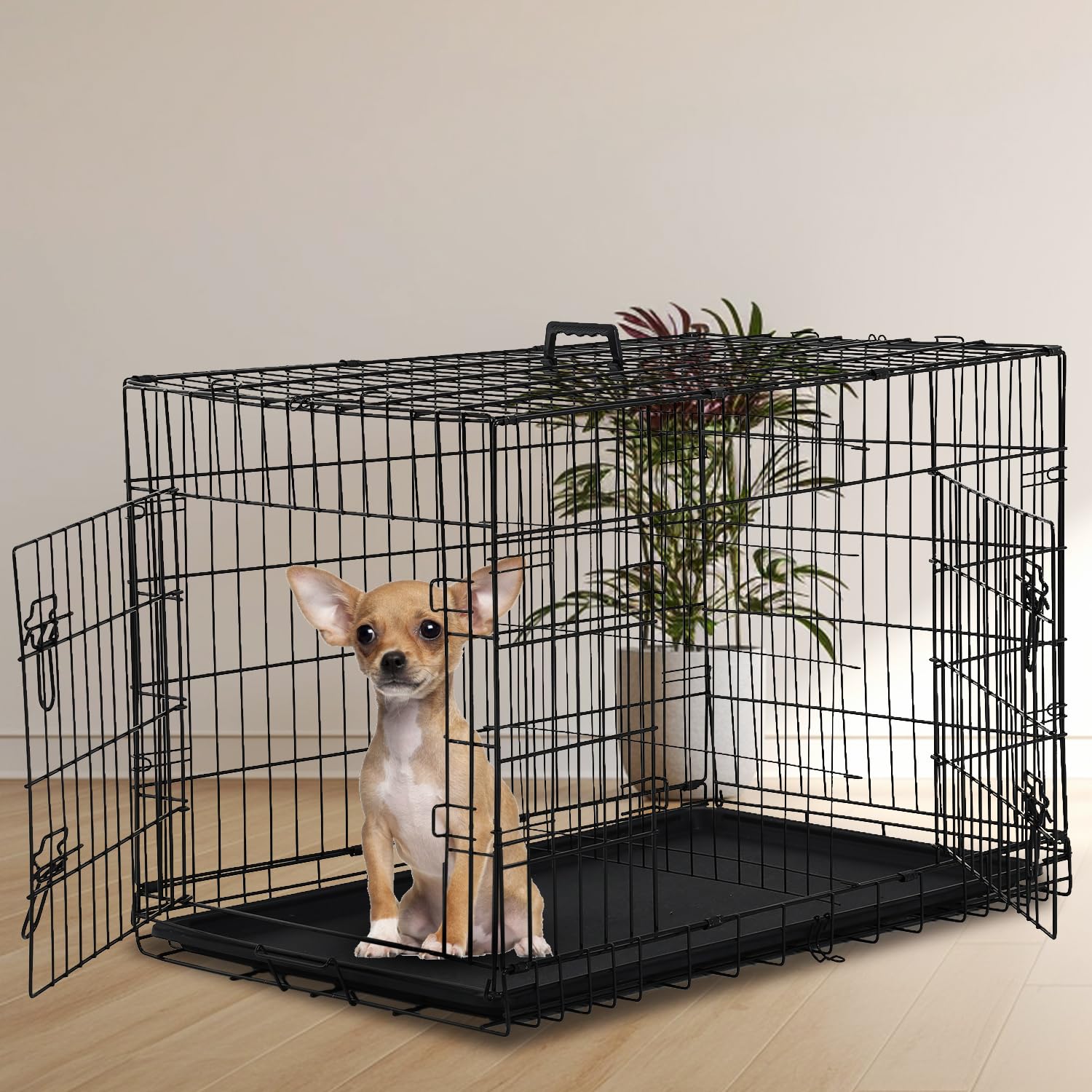 24 Inch Dog Crate Dog Cage for Large Dogs Folding Mental Wire Dog Kennel Outdoor and Indoor with Double-Door Divider Panel Remov