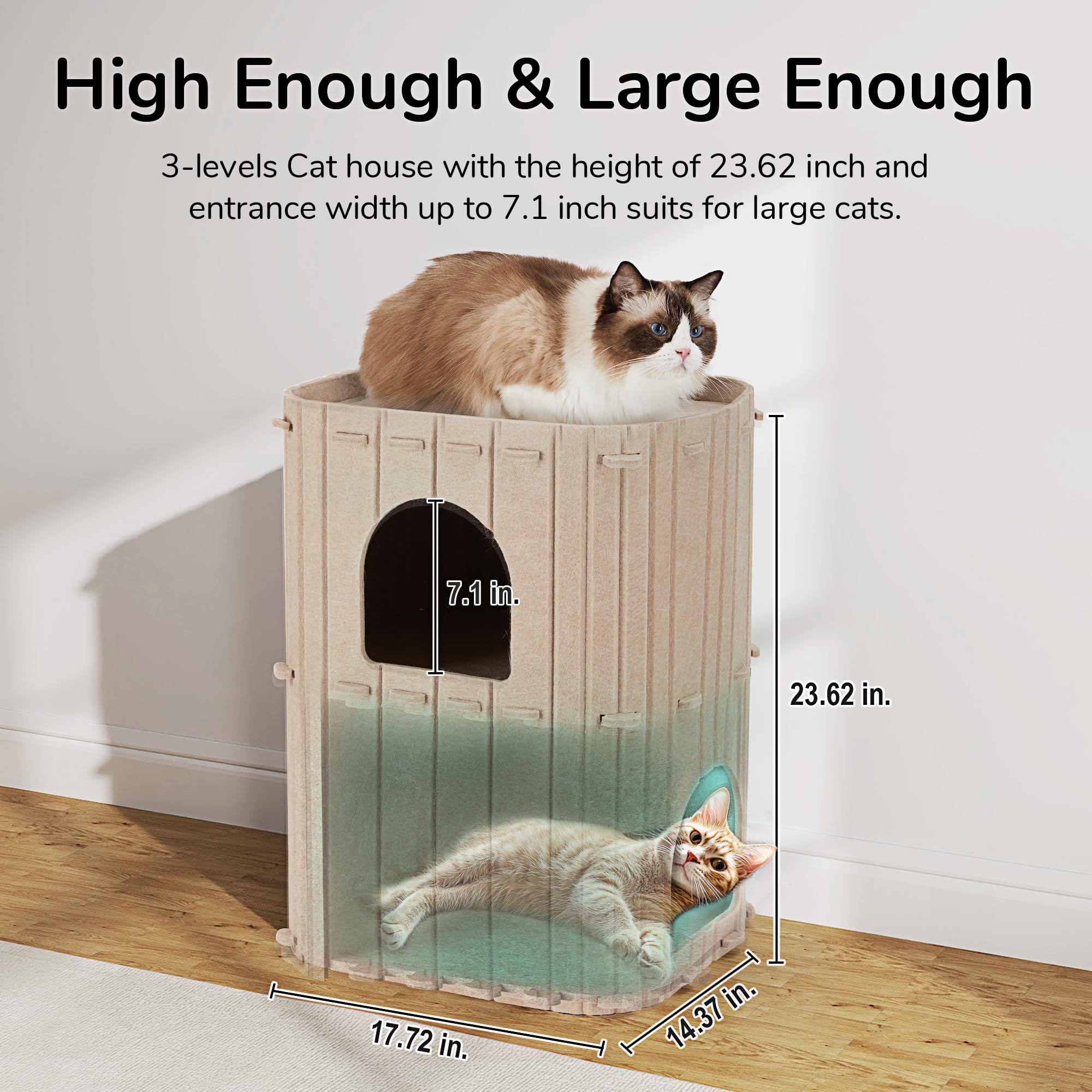FUKUMARU Cat House, 2-Storey Cozy Felt Tunnel Condo, 17.72x14.37x23.62 inches, Beige, Model BS04