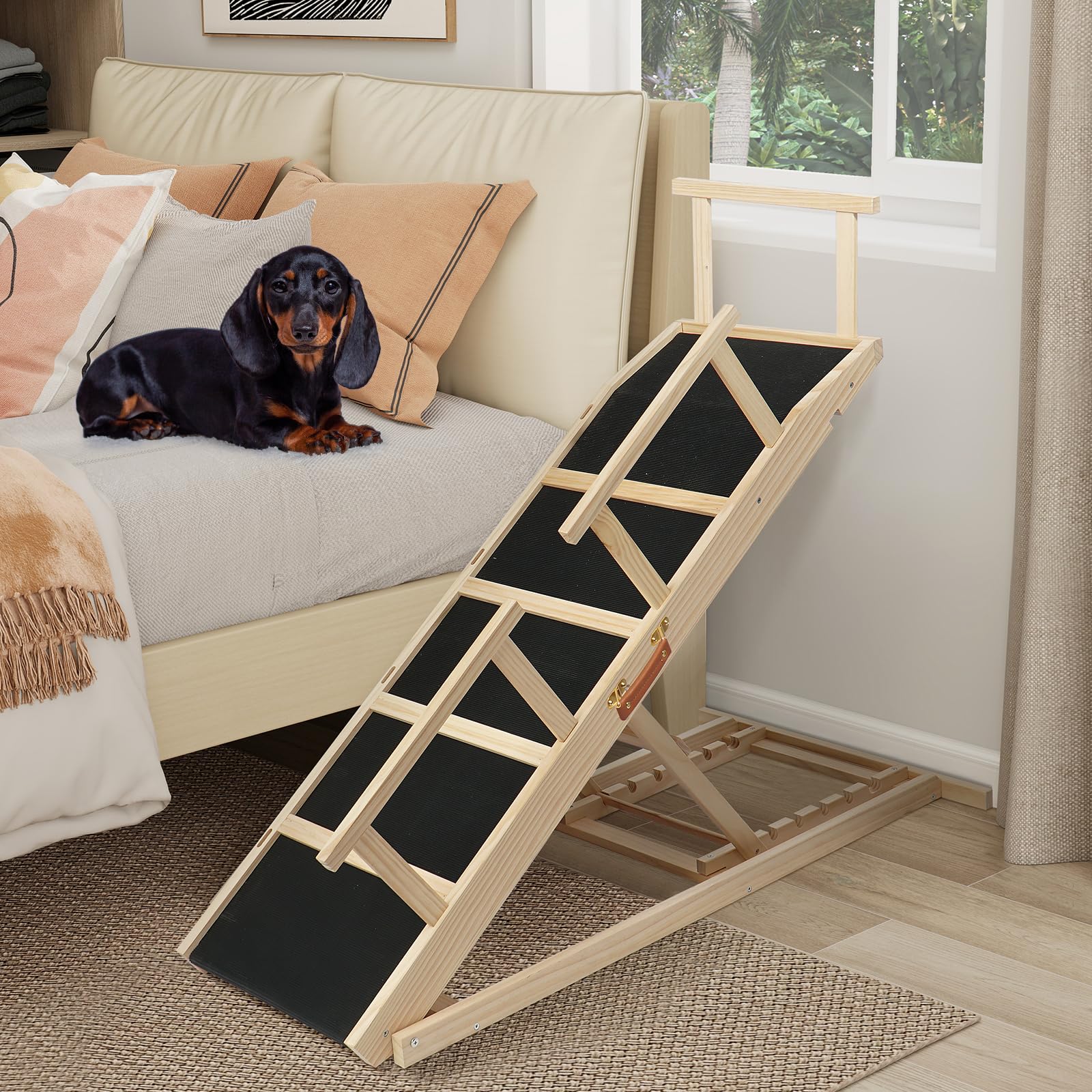 Dog Ramp for Bed PANTAZO Adjustable Ramps for Small Dogs to Get on Bed, Up to 28.5 Inches, 48 Long,120lbs with Anti-Slip Grip 