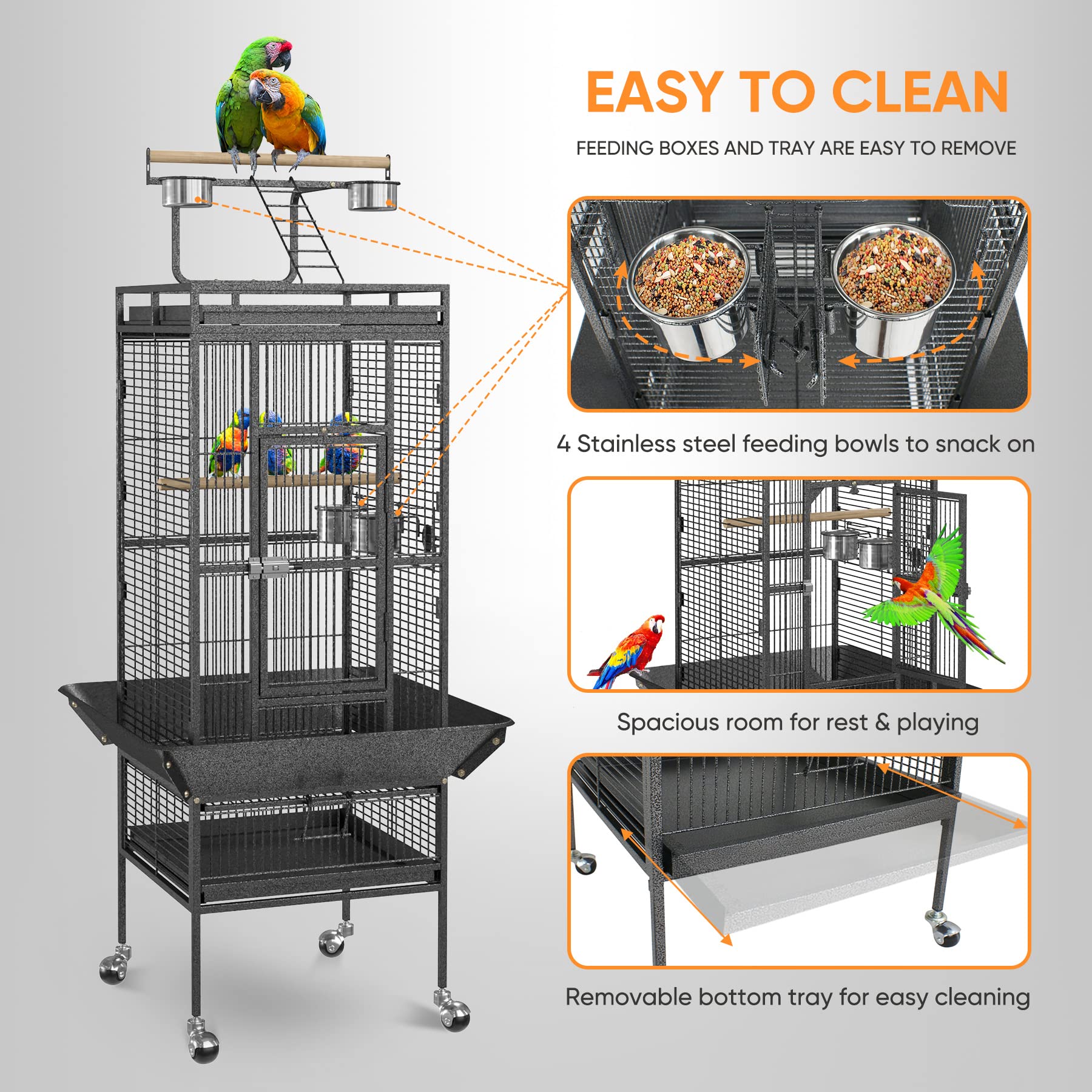 Super Deal Pro 61-Inch 2In1 Large Bird Cage With Rolling Stand Playtop Parrot Chinchilla Finch Cage Macaw Conure Cockatiel Cockatoo Pet House Wrought Iron Birdcage, Black