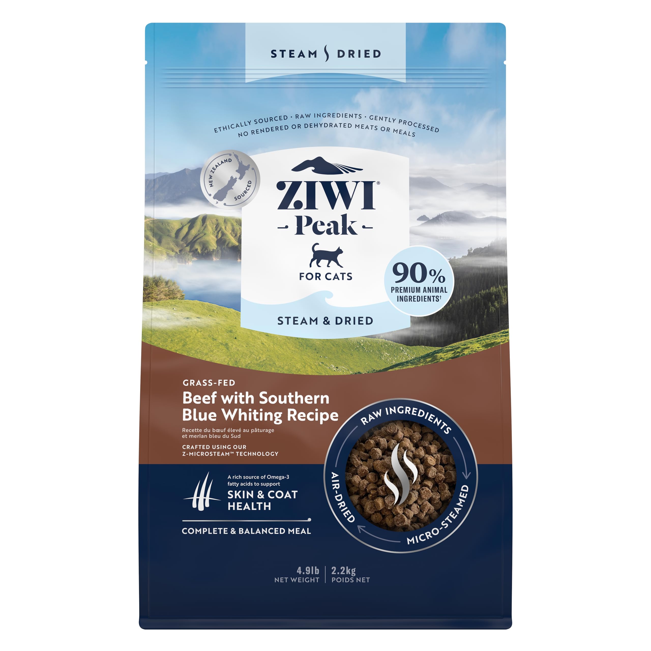 ZIWI Peak Steam & Dried Cat Food - Beef w/Southern Blue Whiting Fish - High Protein, Skin & Coat Health, Low Carb, for All Life 