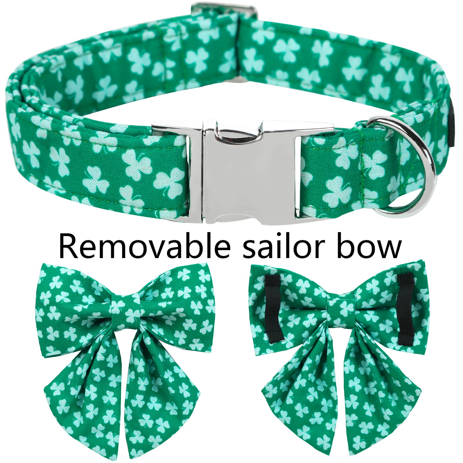 ARING PET St. Patrick's Day Dog Collar-Cute Green Clovers Dog Collar with Sailor Bowtie, Cotton Trefoil Dog Collars with Metal B