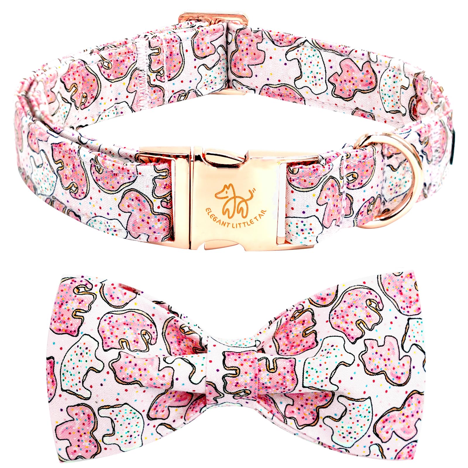 Elegant Little Tail Pink Elephant Cookies Print Cotton Soft Durable Adjustable Dog Collar With Bow For Large Dogs