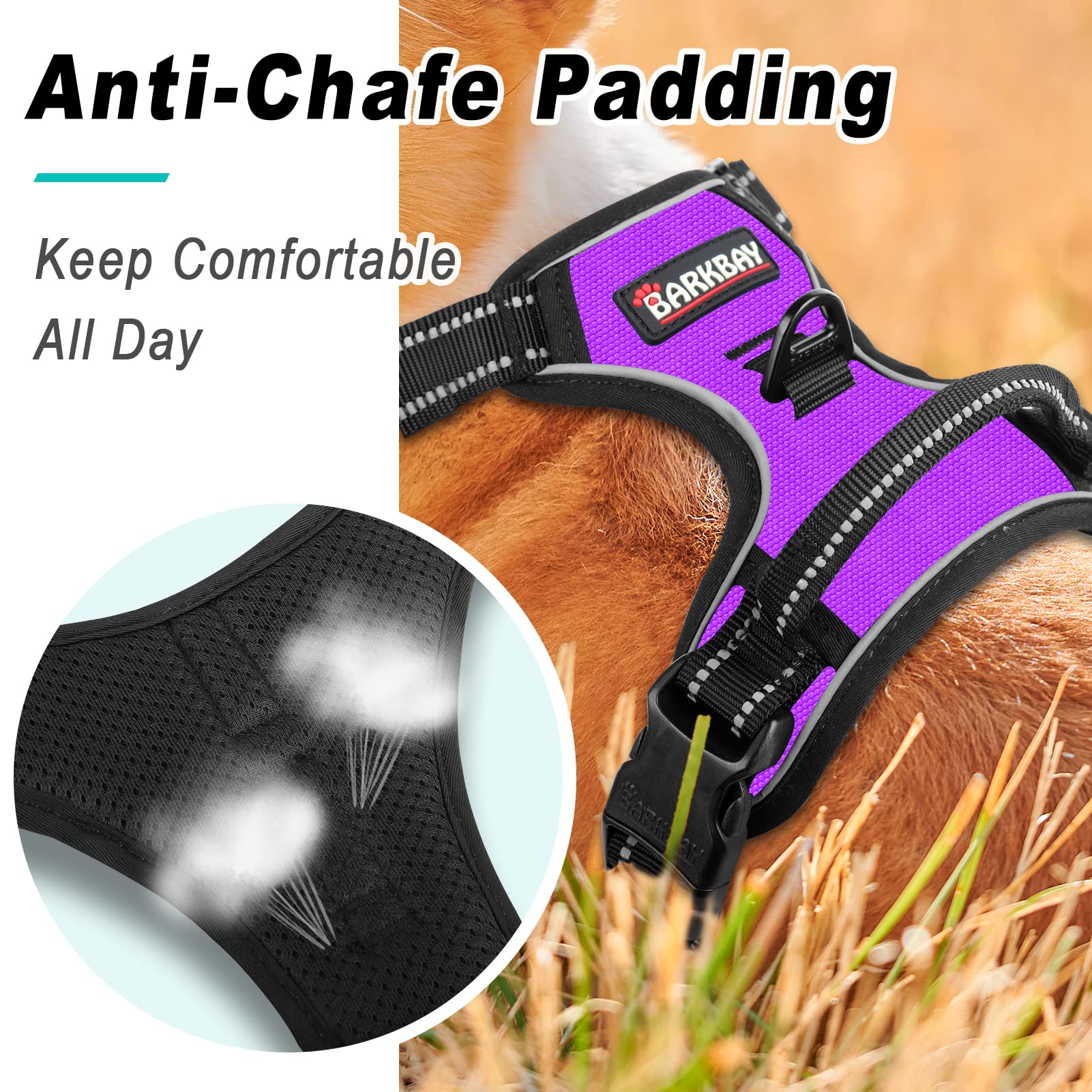 Barkbay No Pull Dog Harness Large Step In Reflective Dog Harness With Front Clip And Easy Control Handle For Walking Training Running(Purple,Xl)