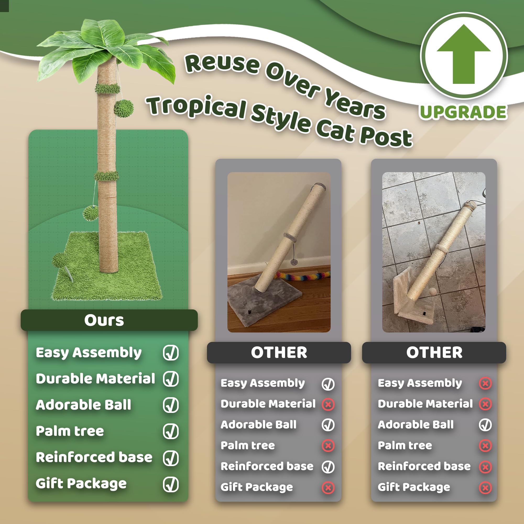 34'' Cat Scratching Post For Average Cats, Green Palm Cat Tree, Cat Scratcher For Indoor Cats With Hanging Toy Balls For Large C