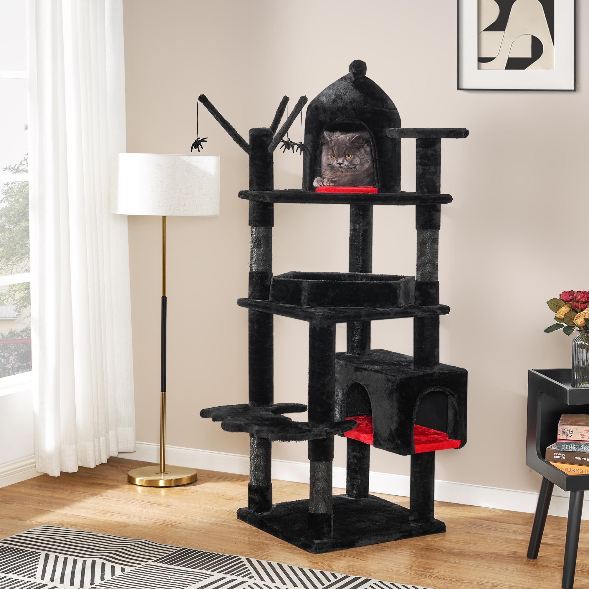 Bewishome Large Gothic Cat Tree With Coffin Bed, 63'' Multi-Level Goth Cat Tree Tower For Large Cats With Cat Condo, Scratching