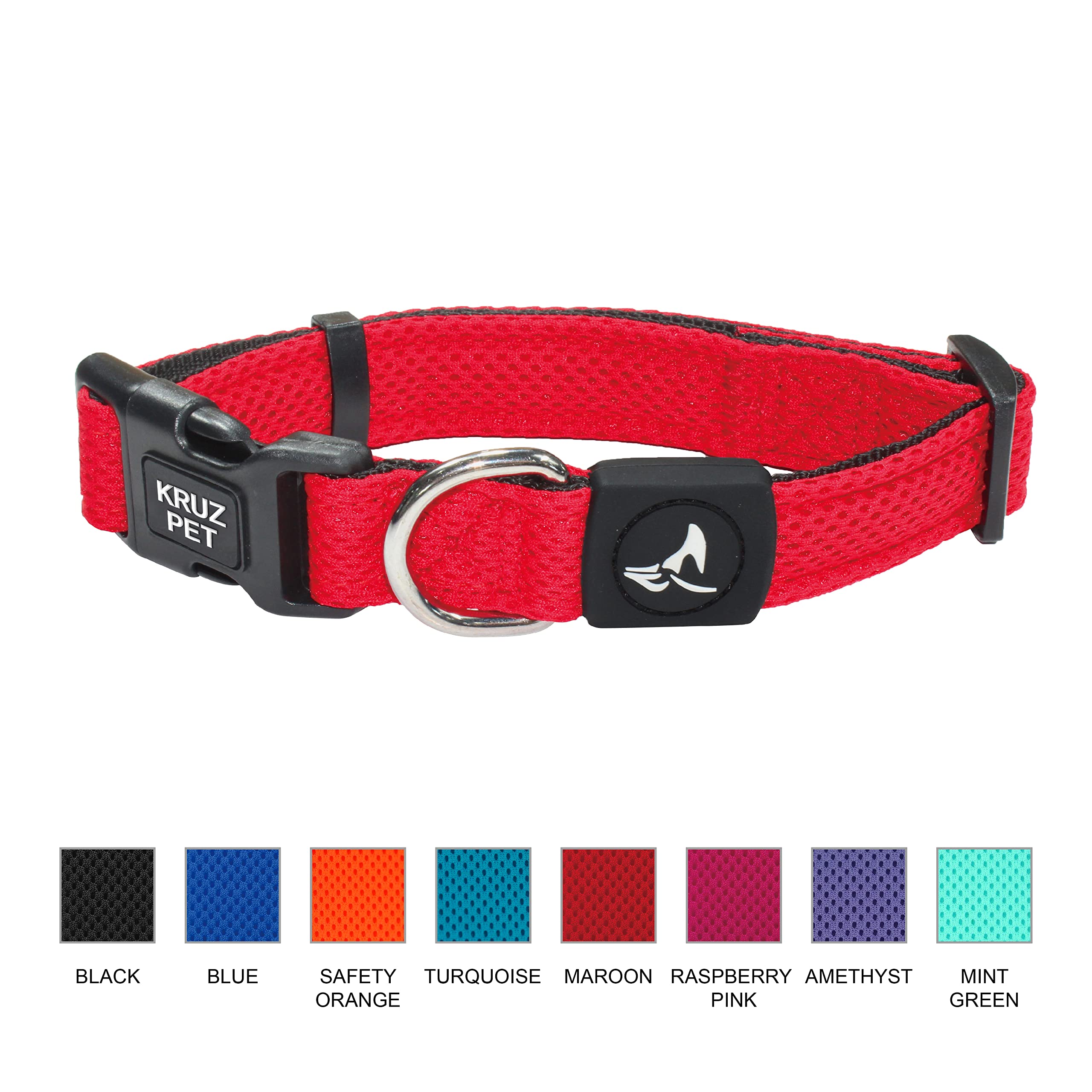 Kruz Pet Kza102-14S Mesh Dog Collar For Small, Medium, Large Dogs, Adjustable Neck Collar, Soft, Lightweight, Breathable, Comfort Fit - Red - Small