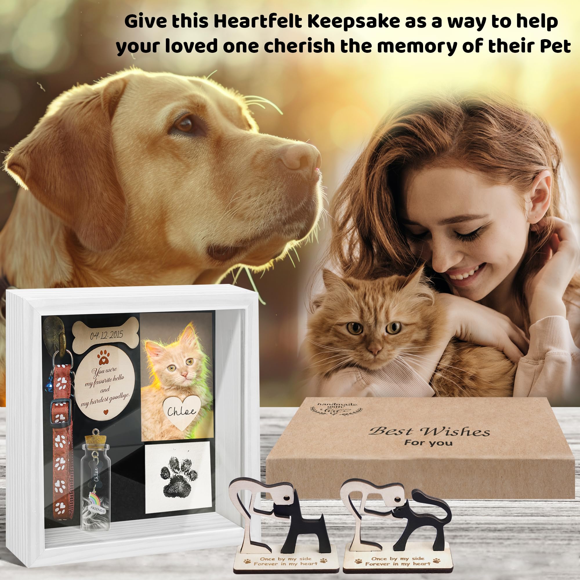 8.6'' Pet Memorial Shadow Box Gift Collar Holder White Picture Frame Paw Print Kit Rainbow Fur Ashes Bottle Pet Wood Sculpture S