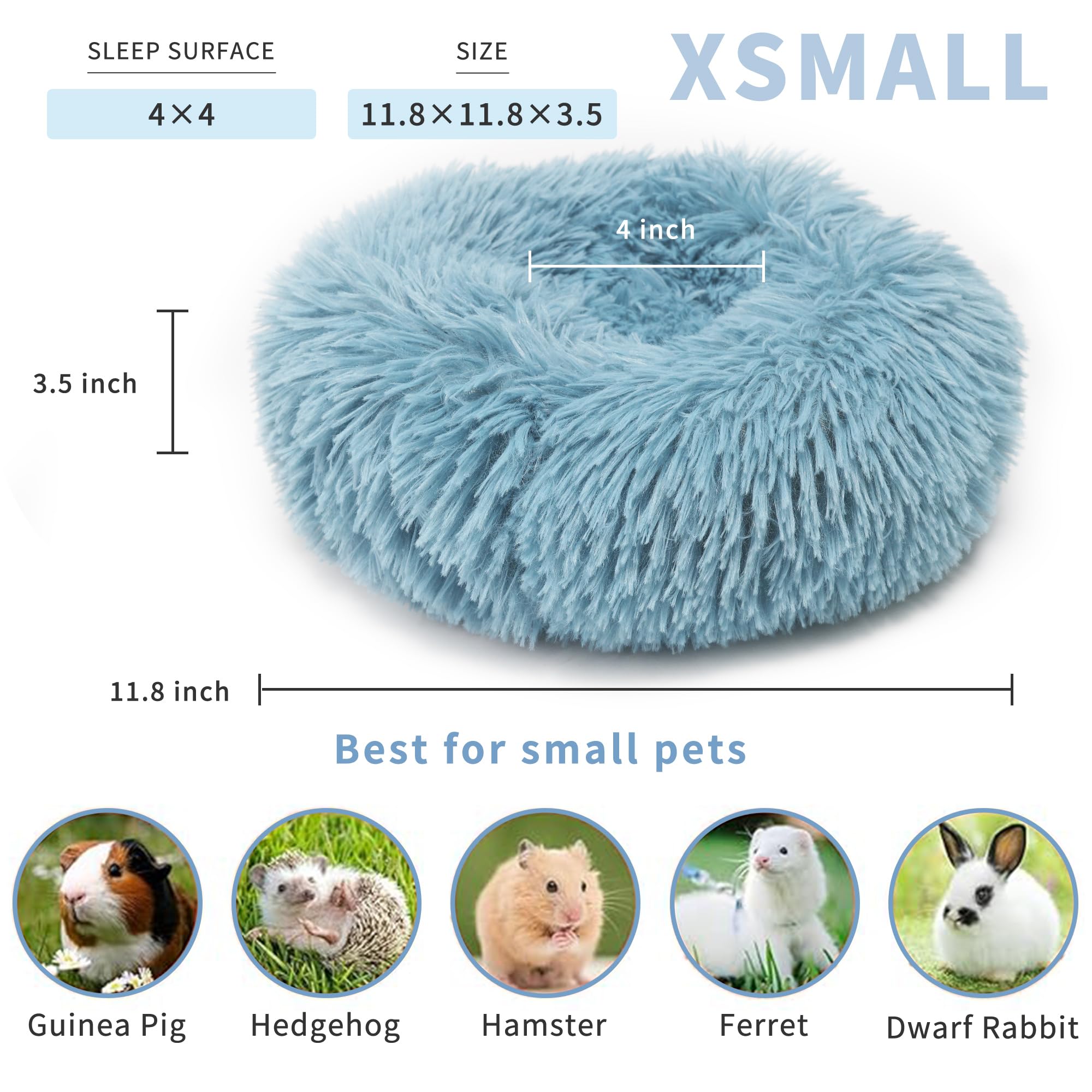 wrkfree Chinchilla Bed Blue for Cage Fluffy Round Beds for Small Animals Washable Anti Slip
