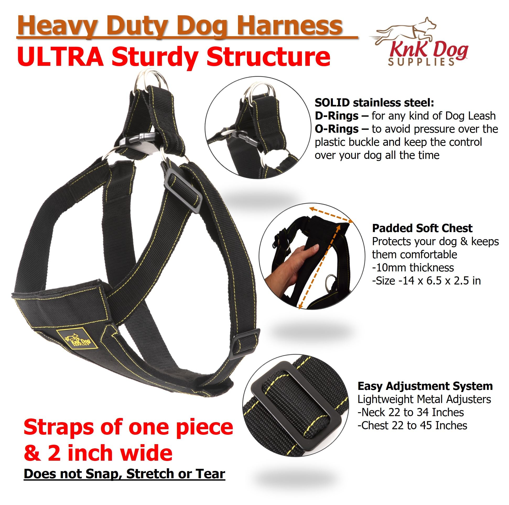 Knk Big Large Heavy Duty Dog Harness Vest, Medium Sized Dogs And Strong Dogs, Durable, Thick, Sturdy Adjustable 2 Leash Metal Cl