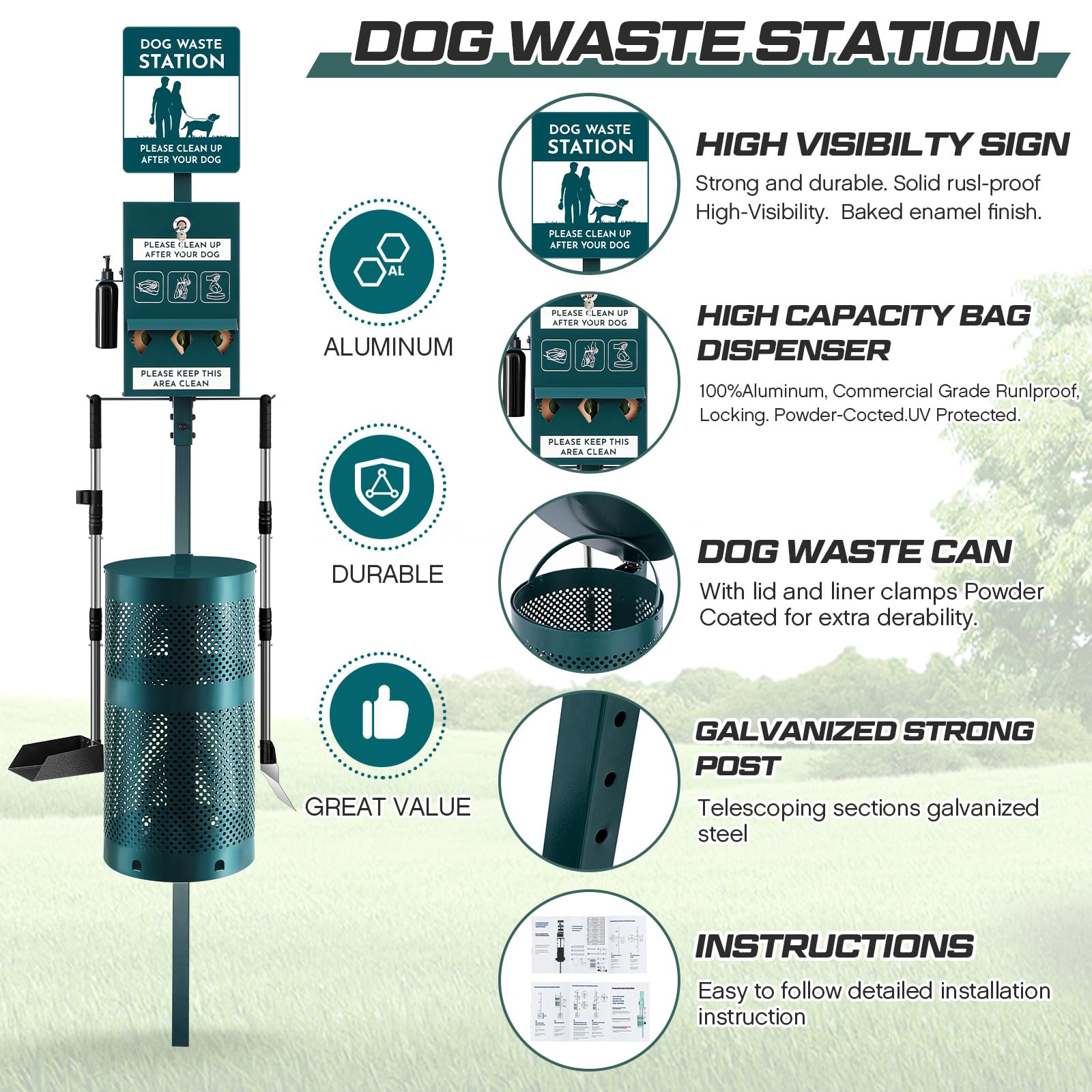 Qinyoung Dog Waste Station Outdoor Dog Poop Trash Can With Poop Bag Dispenser Shovel Dustpan Hand Sanitizer Bottle Rust Proof Bi