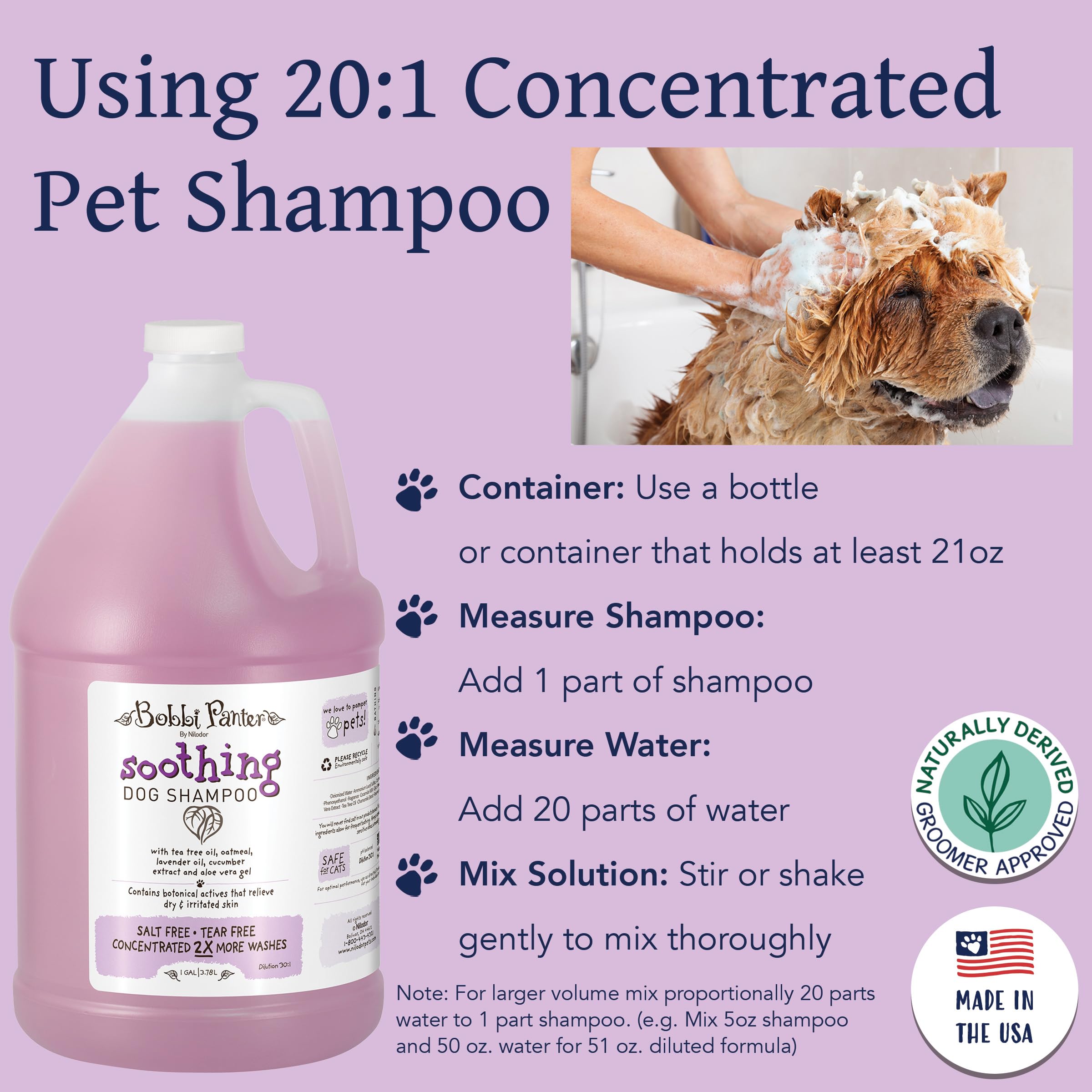 Bobbi Panter Soothing Dog Shampoo, Heals & Soothes Irritated Skin, Lavender Scent - 30:1 Concentrated Formula, Made In The Usa, Trusted By Professional Groomers, 1 Gal.