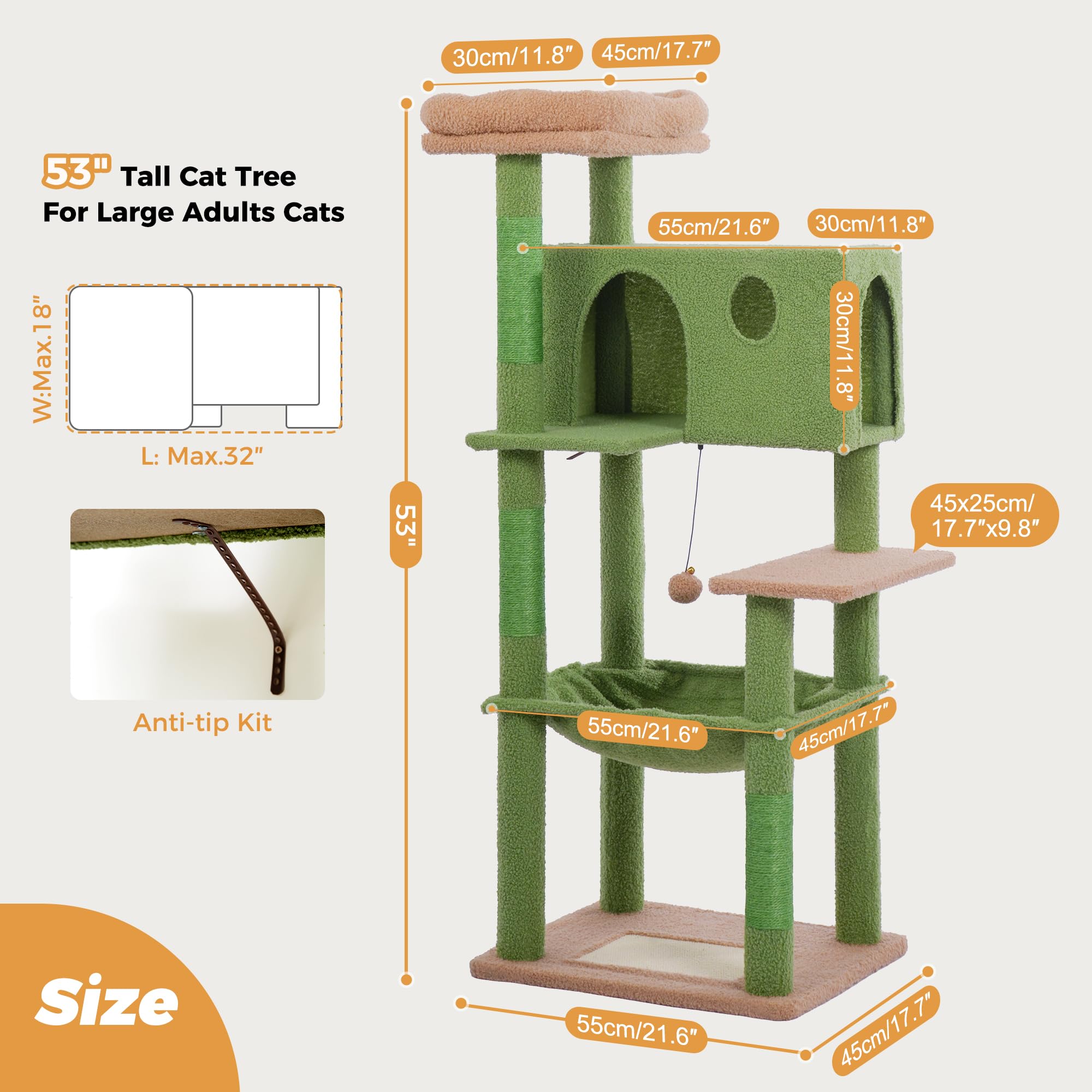 Meowrista Tall Cat Tree For Indoor Cat Large Adults 54   Cat Tower With Enlarged Hammock21.6X17.7   Spacious Cat Condo House And