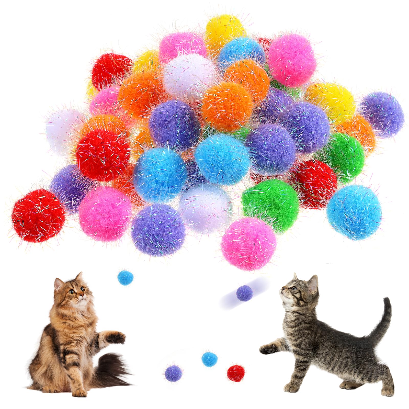 Cat Pom Pom Balls 60 Pcs Assorted Color Sparkle Cat Toys Balls 1.5 Inch Interactive Cat Balls Toys For Indoor Cats For Kittens E