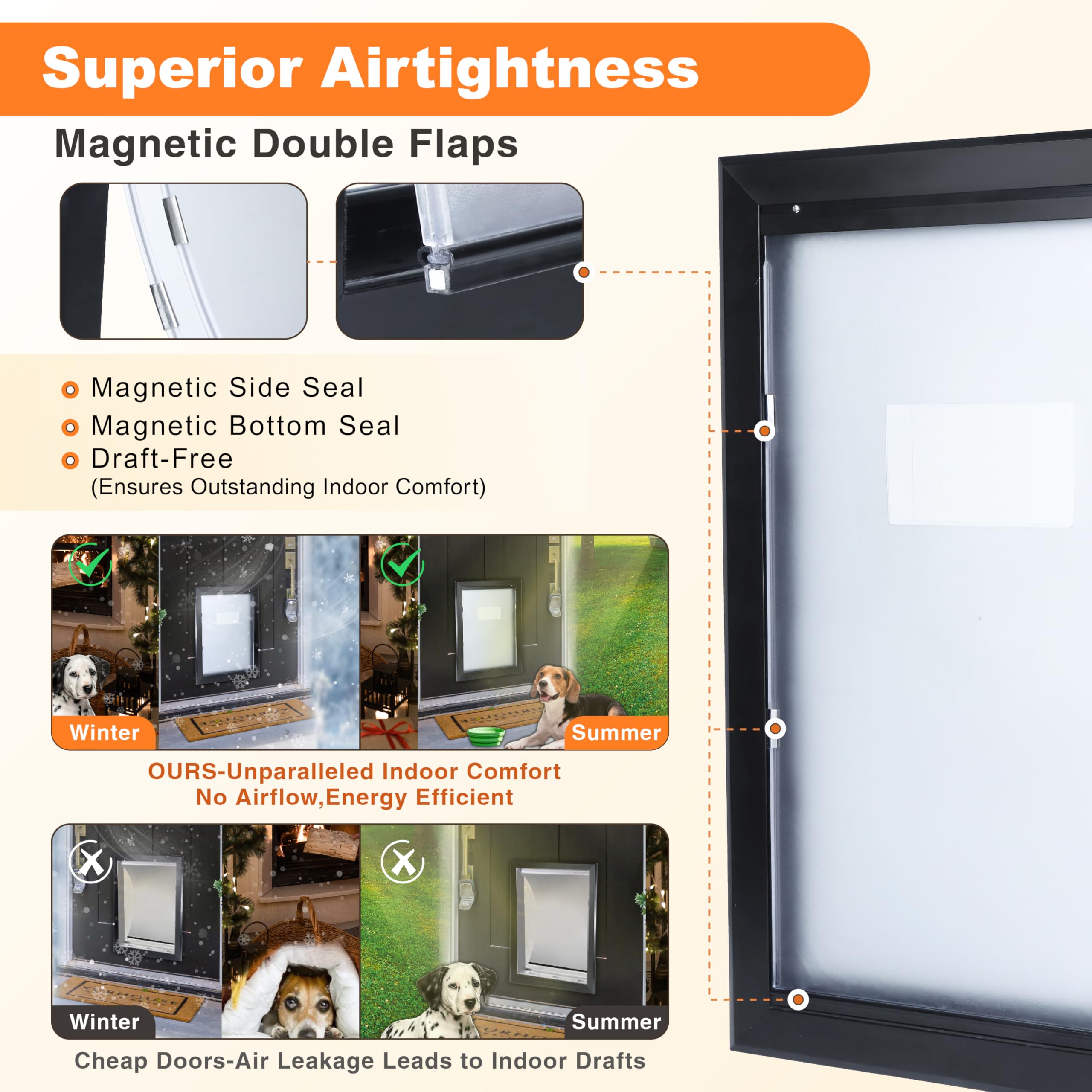 HANIML Aluminum Alloy Dog Door for Large Dogs - Black, Insulated Flap with Closure Panel and Safety Locks, Model Aluminum Large Dog Door-L