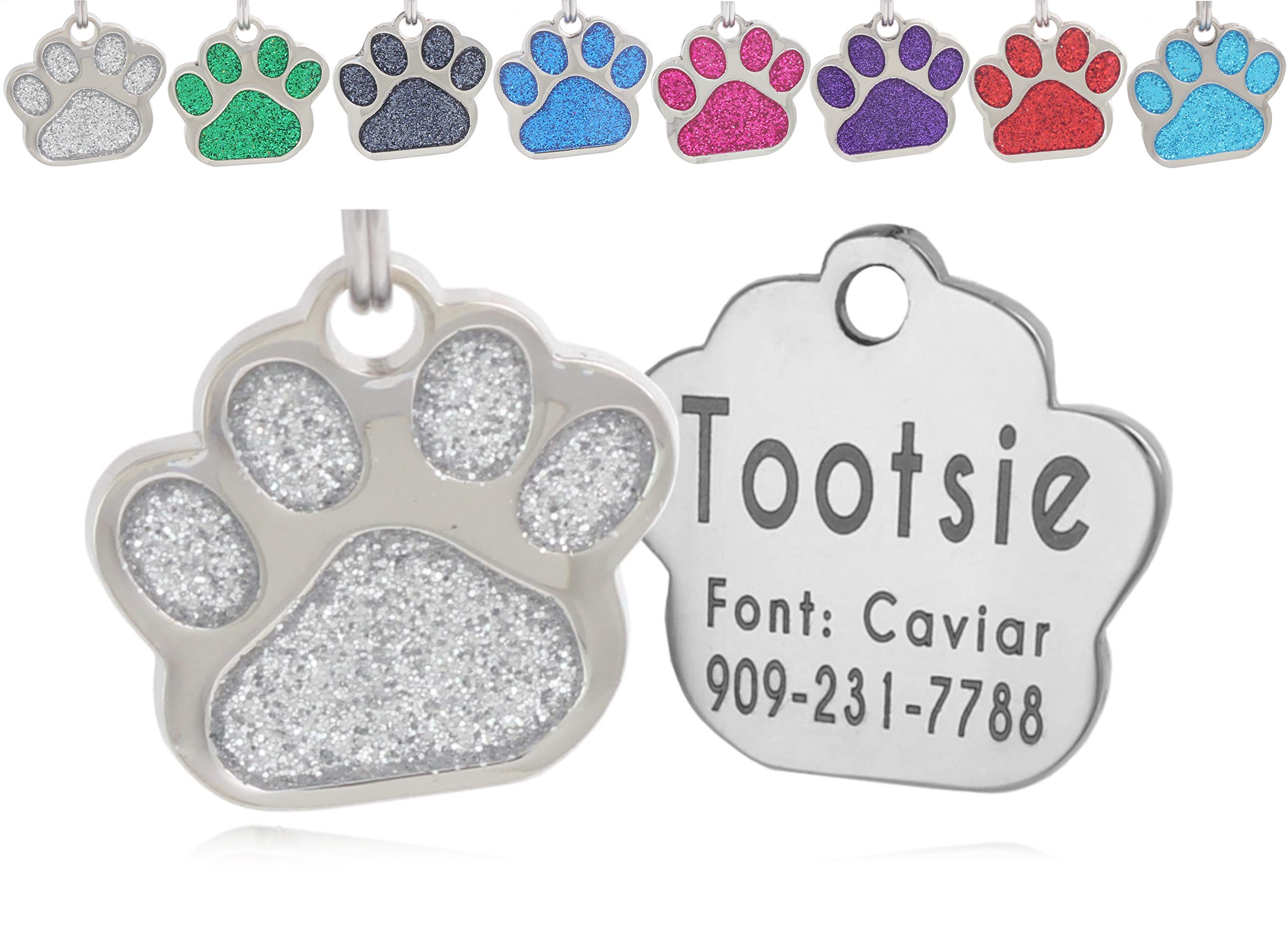 Io Tags Pet Id Tags, Personalized Dog Tags And Cat Tags, Custom Engraved, Easy To Read, Cute Glitter Paw Pet Tag (Silver)