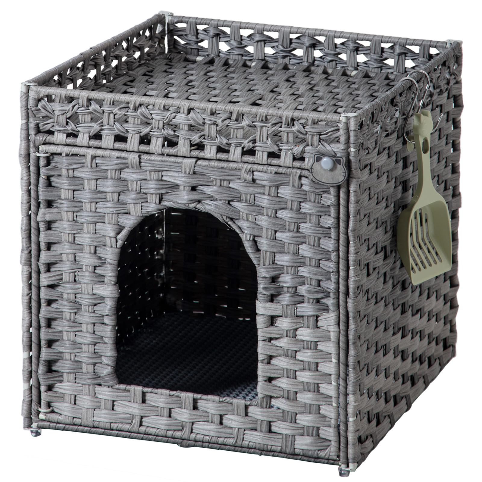 Setvson Cat Litter Enclosure With Hidden Litter Mat And Rattan Cat House, Supports Two Litter Boxes, Ideal For Living Room Or Be