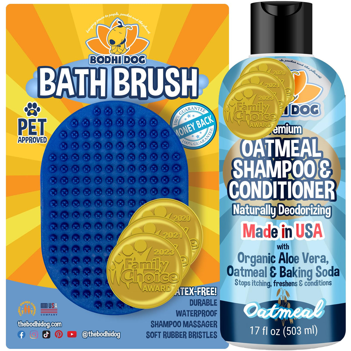 Bodhi Dog Shampoo Brush And Oatmeal Shampoo & Conditioner Bundle | Pet Shower & Bath Supplies For Cats & Dogs | Dog Grooming Qua