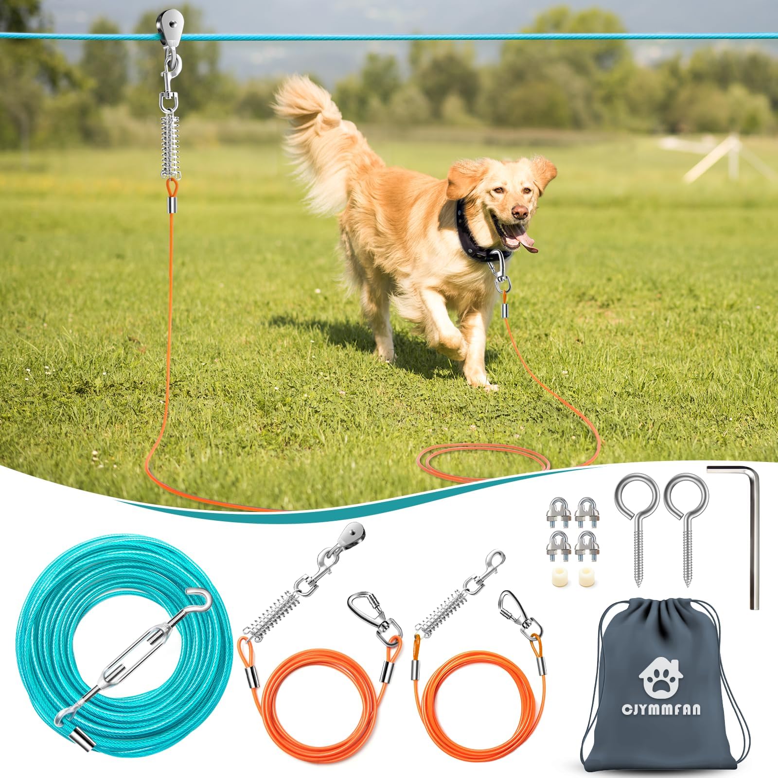 Professional Dog Runner Trolley System,Heavy Duty & Adjustable 175Ft Dog Zip Line With 10Ft & 15Ft Tie Out For Large Dogs Up To 