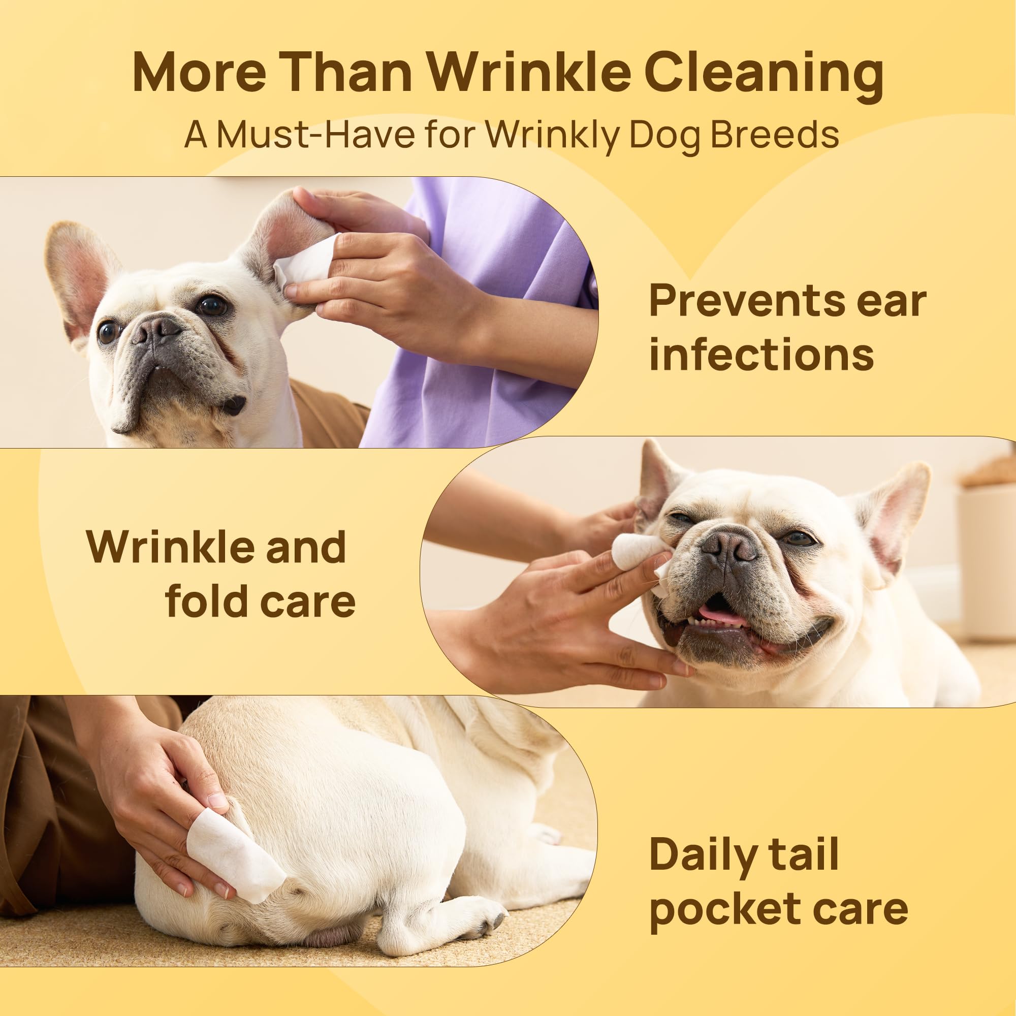 Hicc Pet Wrinkle Wipes For Dogs- 100 Count Hypoallergenic Wrinkle Wipes French Bulldog, Cleans Deodorizing, Anti-Itch Tear Stain