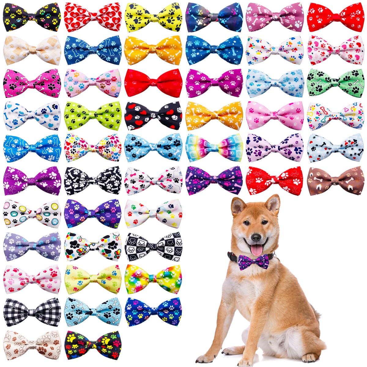 Pet Show 50Pcs Paw Bone Printed Small Dogs Bowties Collar Attachment Bows Embellishment Medium Dog Puppies Cats Collar Charms Ac