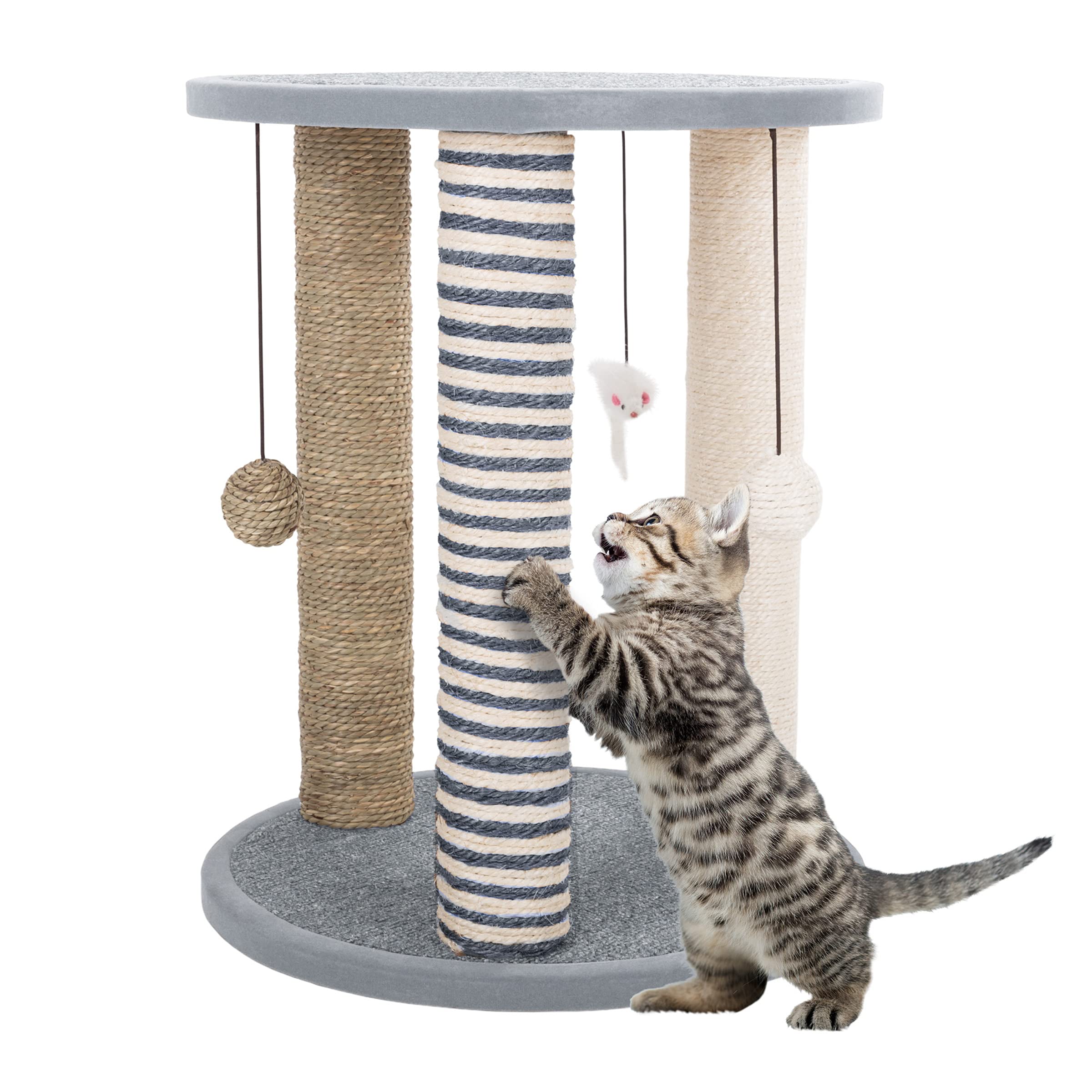 Cat Scratching Post - 3 Scratcher Posts With Carpeted Scratch Pad Base And Perch - Furniture Scratching Deterrent For Indoor Cat