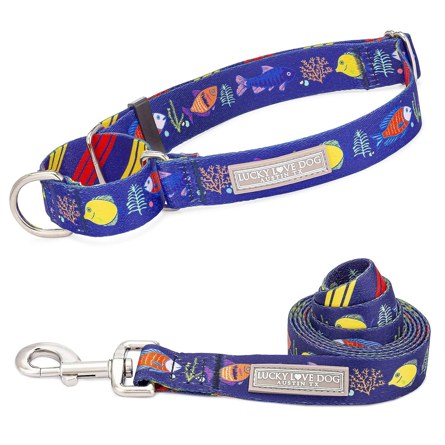 Lucky Love Dog Tropical Fish Pattern Martingale Collar And Leash Set, Summer Themed No Slip Collars For Small Dogs, Great For Wh