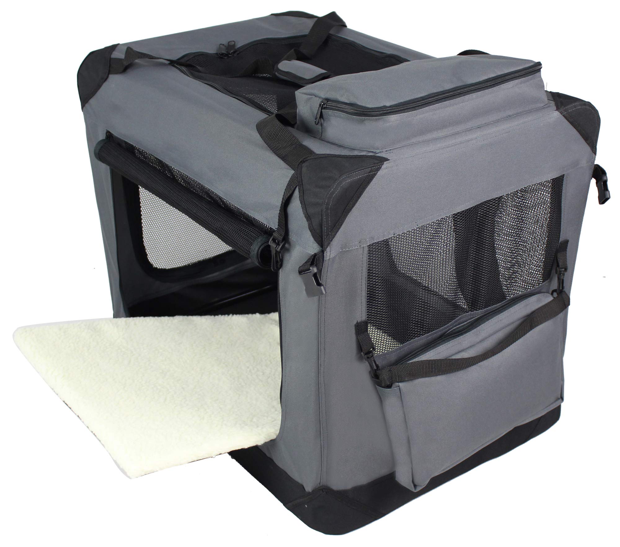 EliteField 3-Door Folding Dog Crate - Gray, Steel, 30"L x 21"W x 24"H, Includes Carrying Bag & Fleece Bed, Model LO-2054
