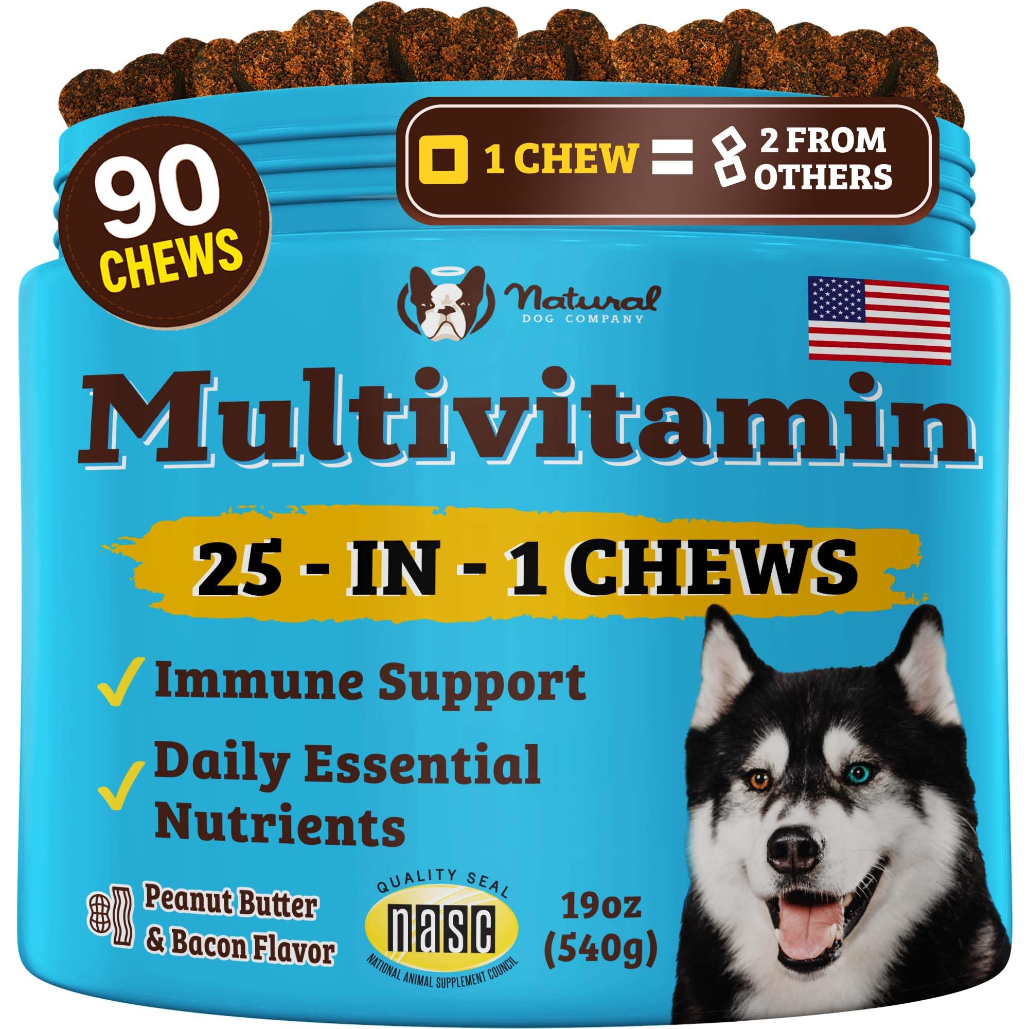 Natural Dog Company 25-in-1 Multivitamin Chews for Dogs - Daily Soft Dog Vitamins with Antioxidants, Zinc & Folic Acid - Support
