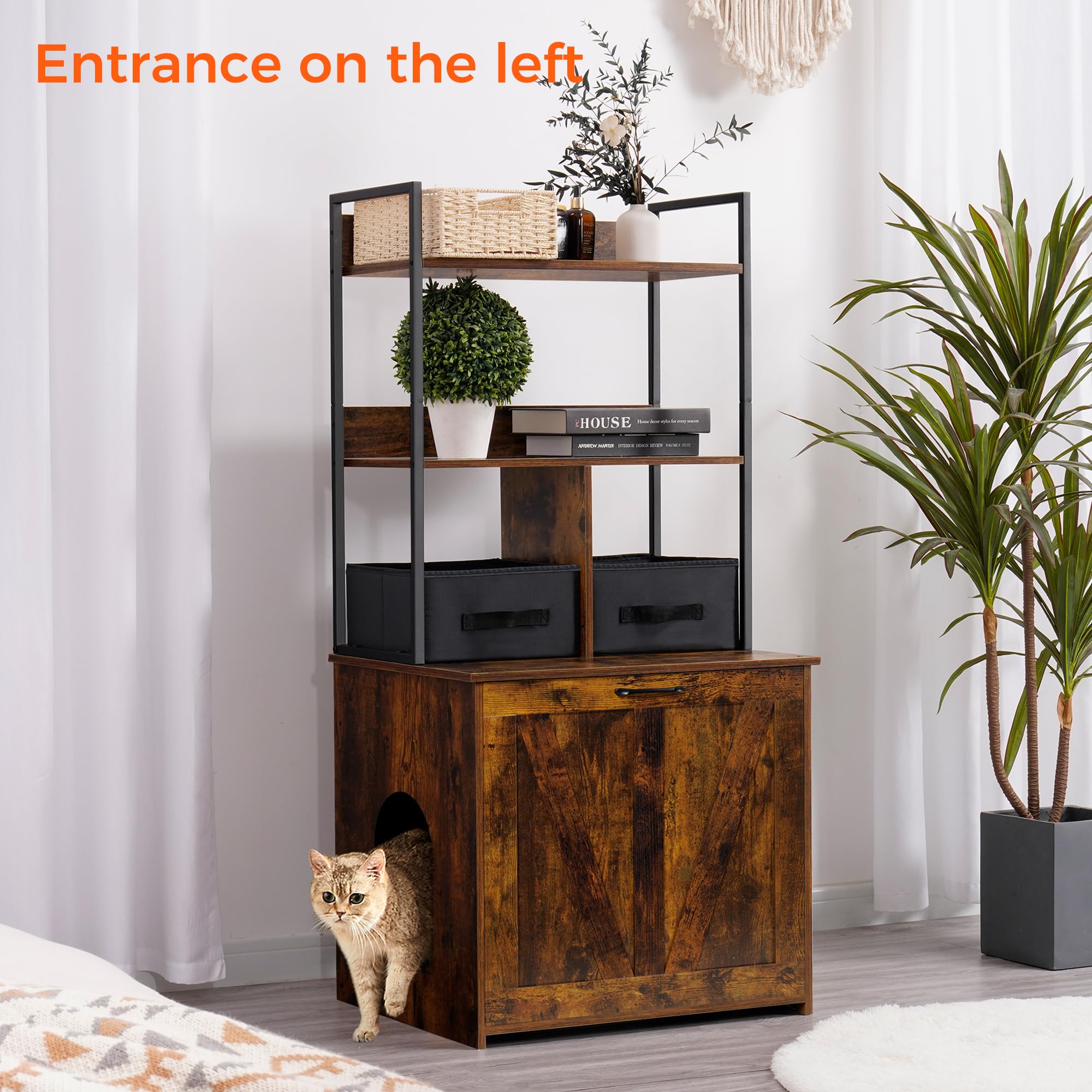 Dwanton Cat Litter Box Enclosure, 50-Inch Rustic Brown, 2 Storage Shelves & Drawers, Particleboard & Steel, Reversible Entrance