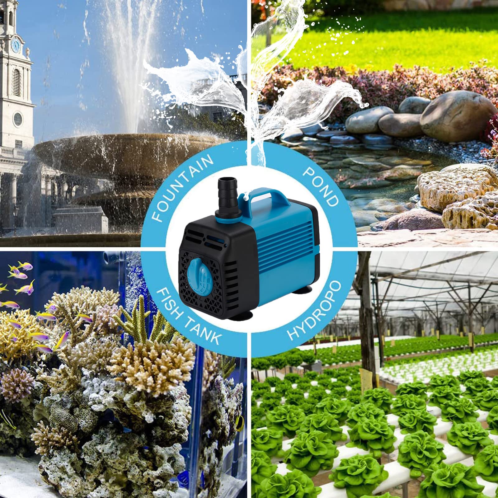 Aprhodod 800 Gph Submersible Pump (3000L/H, 50W), Super Silent Pump, 9.8Ft High Head, 5.9Ft Power Cord, Fountain Pump With 3 Nozzle, Suitable For Fish Tank, Pond, Aquarium, Statue, Hydroponics.