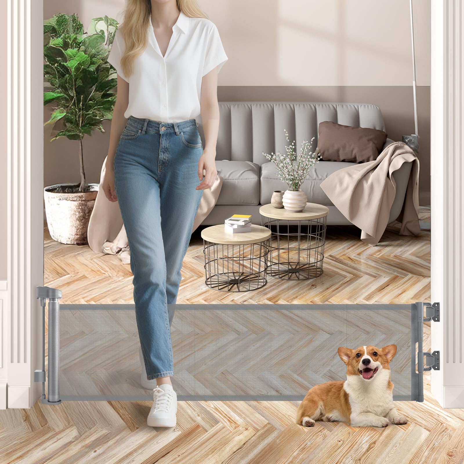 Crazydeer 14 Tall Short Dog Gate to Step Over, Retractable Mesh Pet Door for Small Puppy, Extended up to 55 Wide for Indoor Stai