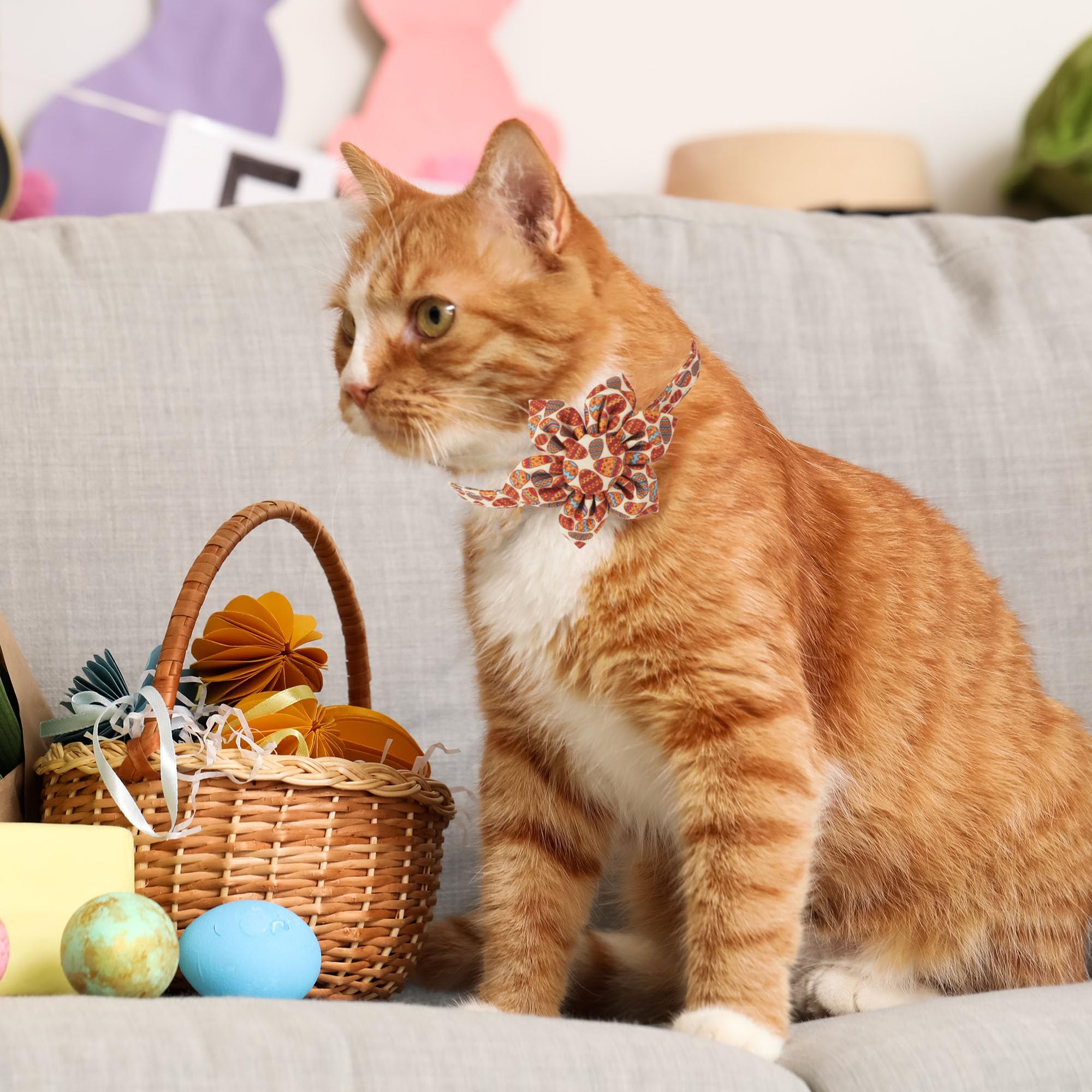 Adoggygo Easter Cat Collars With Removable Flower Bell, Adjustable Rabbit Easter Eggs Pattern Cat Floral Collars For Cats Kitten