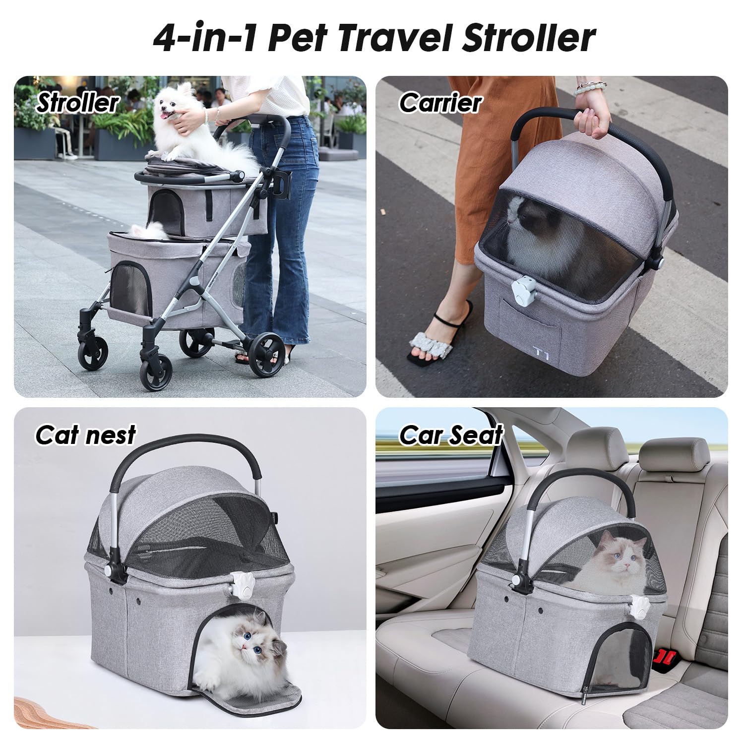 Beberoad Pets T1 Double Pet Stroller For 2 Small Dogs Or Cats Lightweight Foldable Double Cat Stroller With Detachable Carrier (