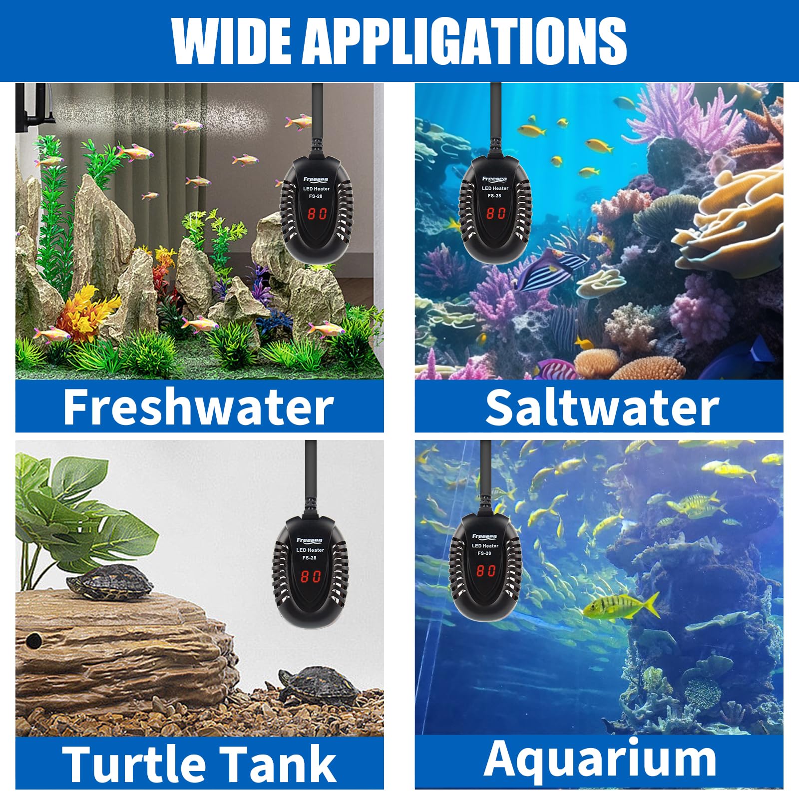 FREESEA 50W Submersible Aquarium Heater with External Controller - Adjustable Temperature for Betta, Turtle, Saltwater & Freshwater Tanks (1-10 Gallon)